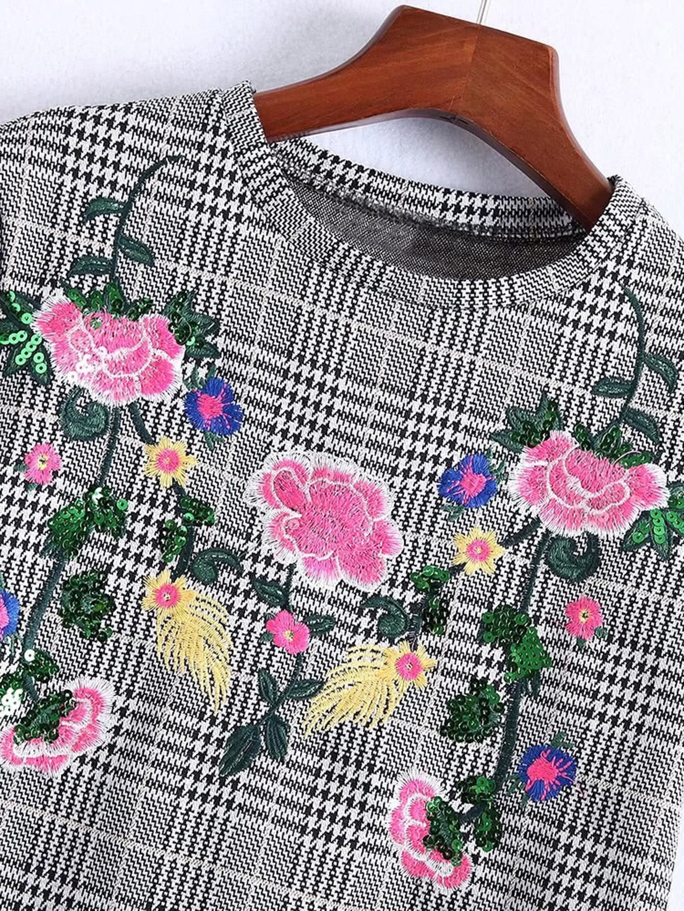 Flower Embroidery Plaid Dress SheIn(Sheinside)