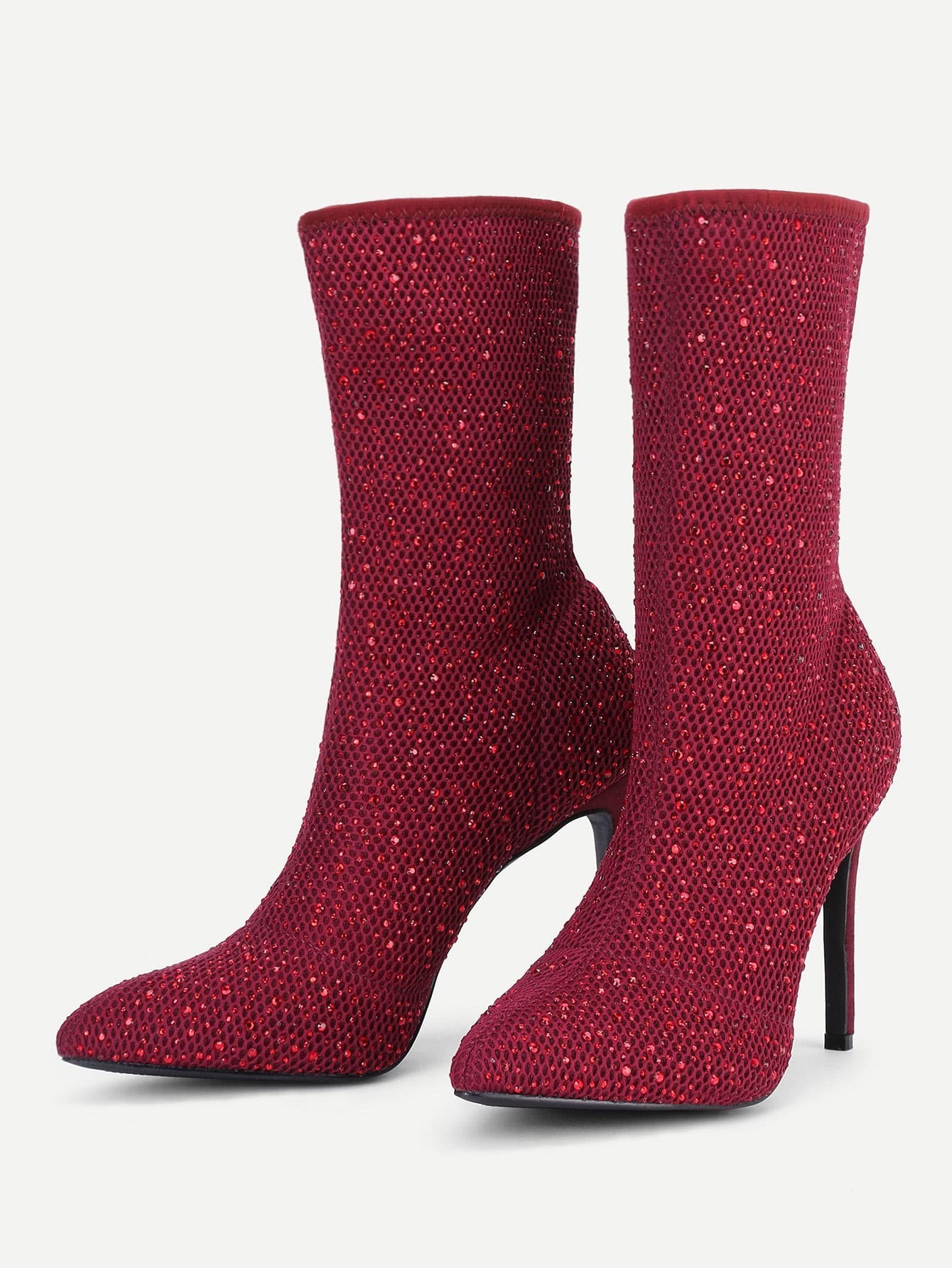 Rhinestone Detail Net Stiletto Boots SheIn(Sheinside)