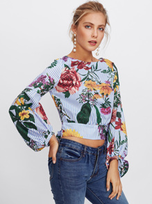 Bishop Sleeve Tie Back Mixed Print Top