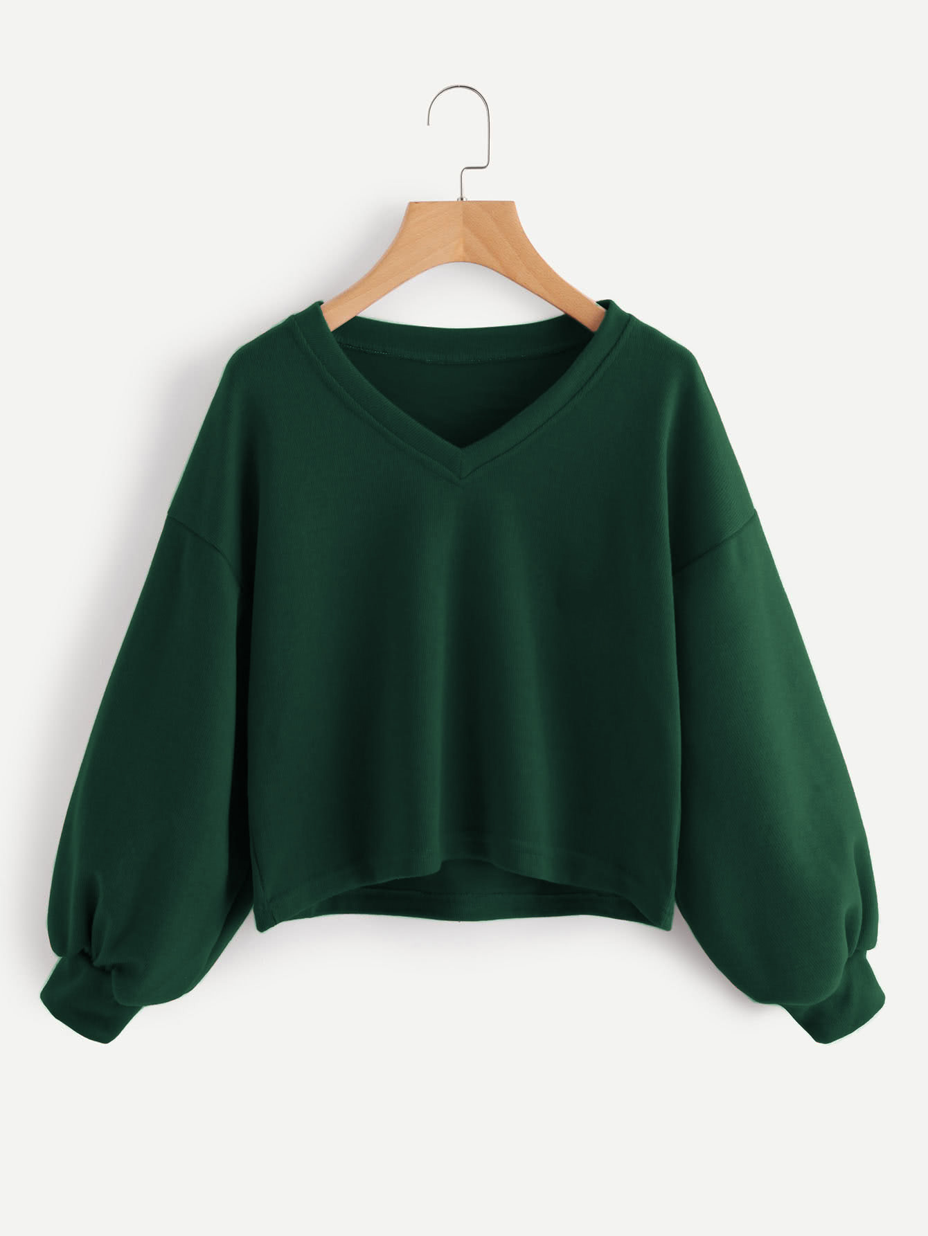 V Neckline Drop Shoulder Lantern Sleeve Sweatshirt