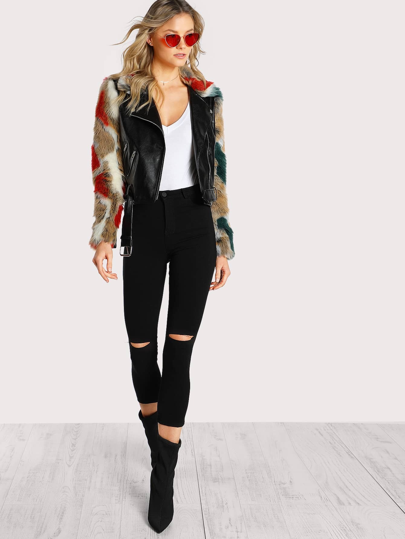 Faux Fur Sleeve And Collar Biker Jacket SheIn(Sheinside)