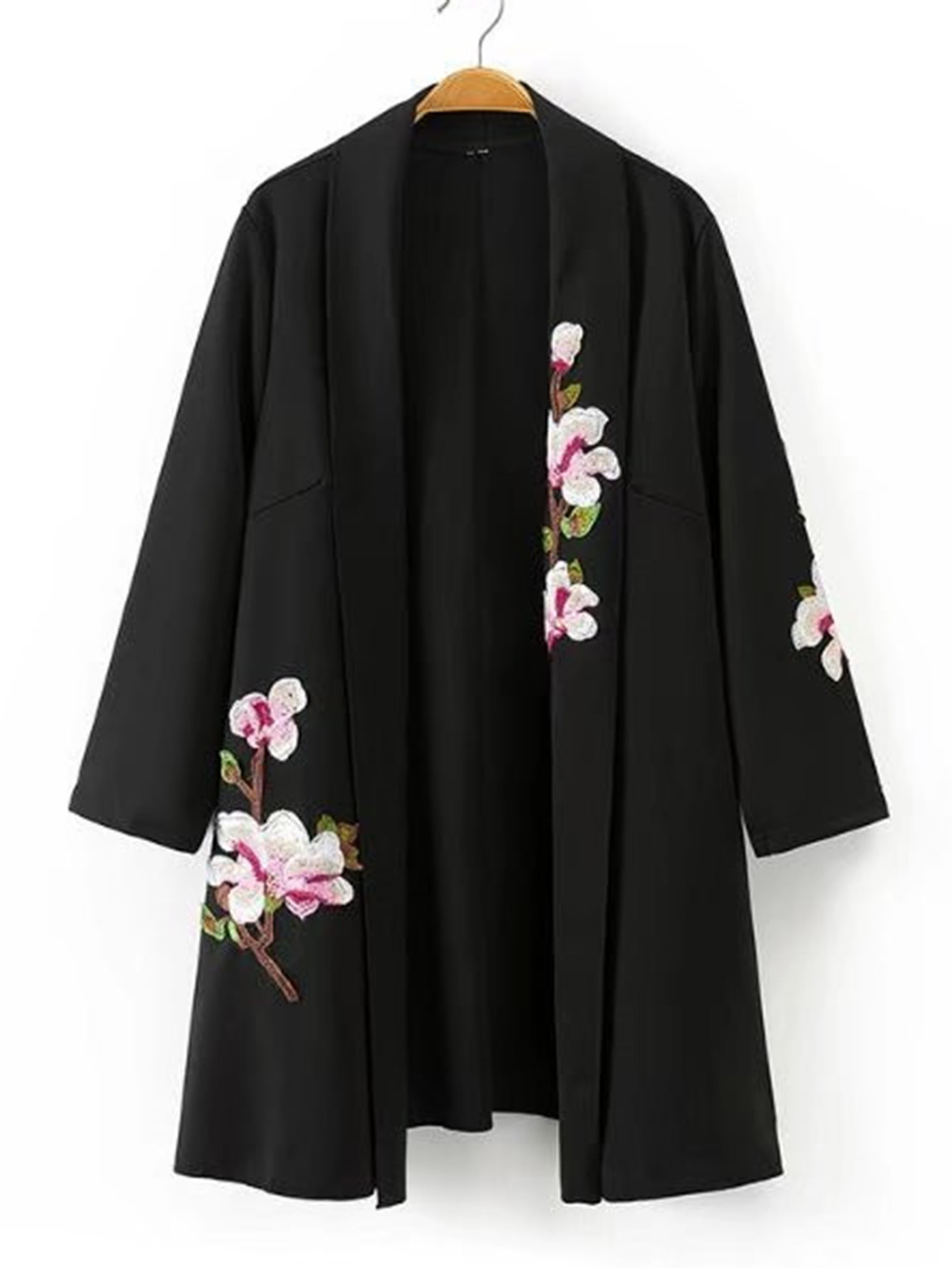 Shawl Collar Embroidered Flower Kimono SheIn(Sheinside)