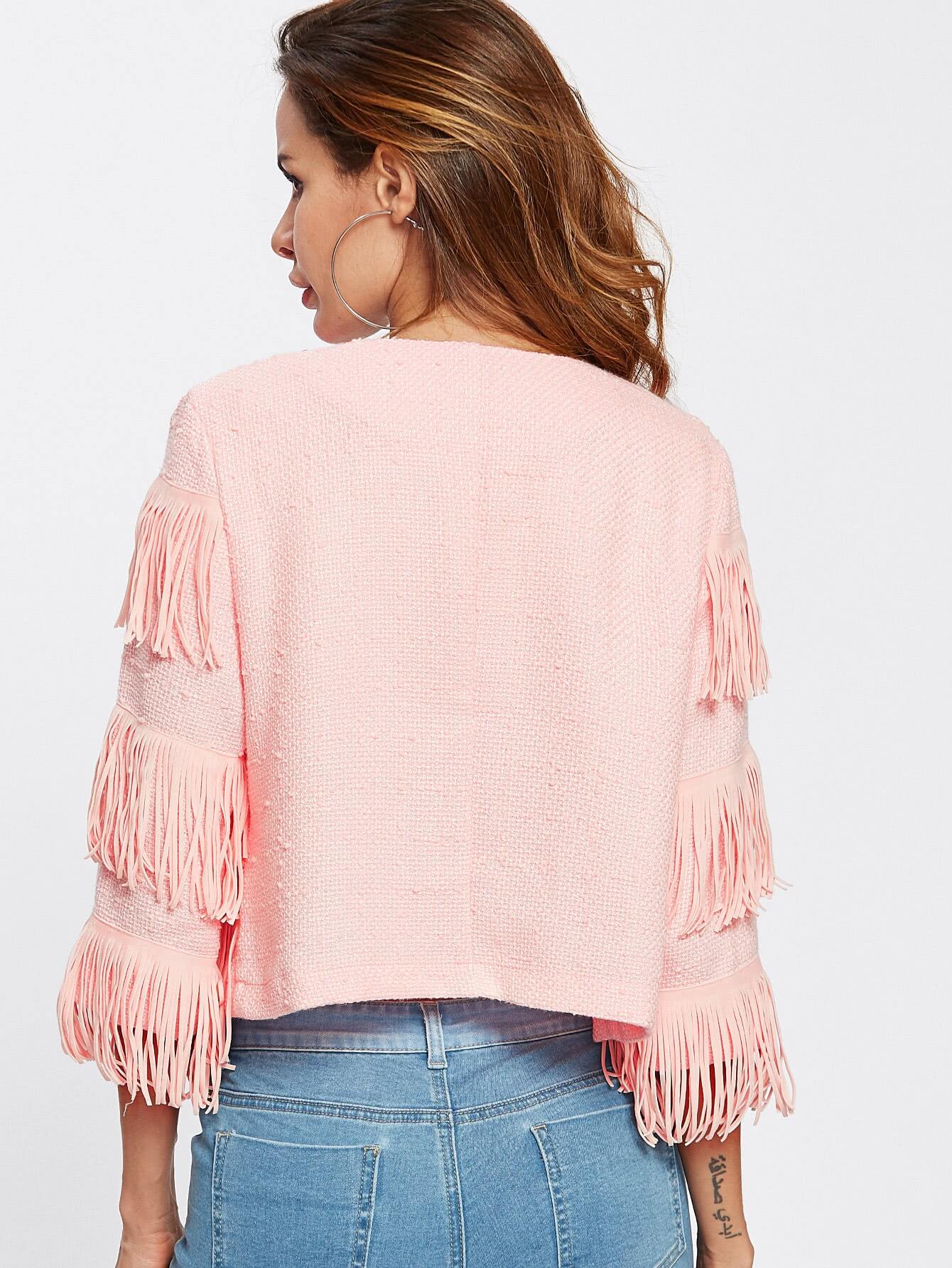 Fringe Trim Hidden Button Textured Jacket SheIn(Sheinside)