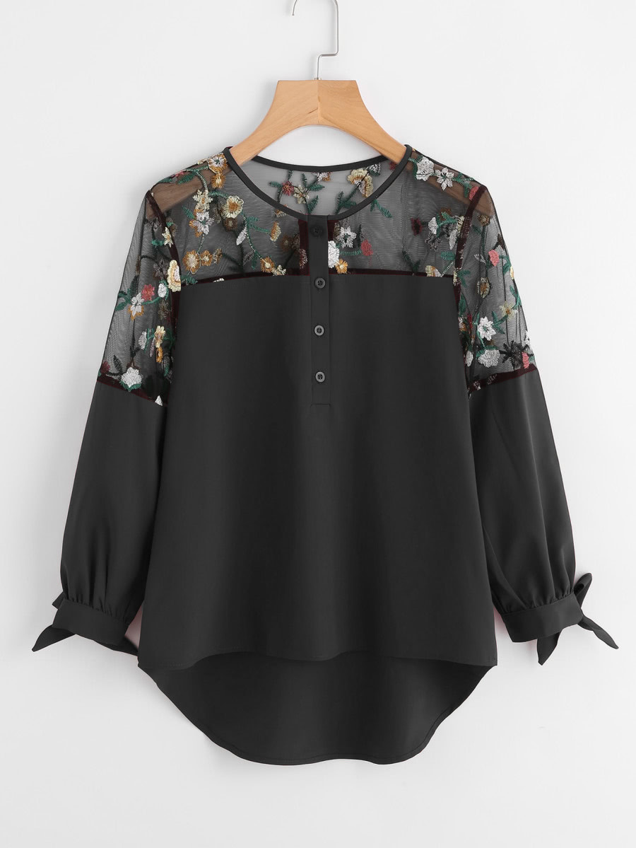 Embroidered Mesh Panel Dip Hem Tie Cuff Blouse