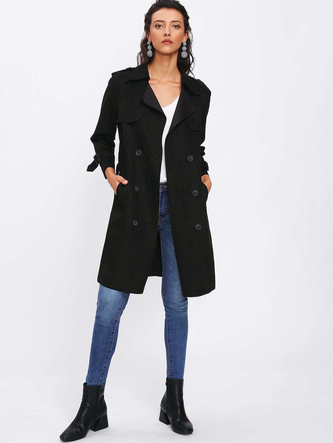 Raw Edge Suede Trench Coat SheIn(Sheinside)