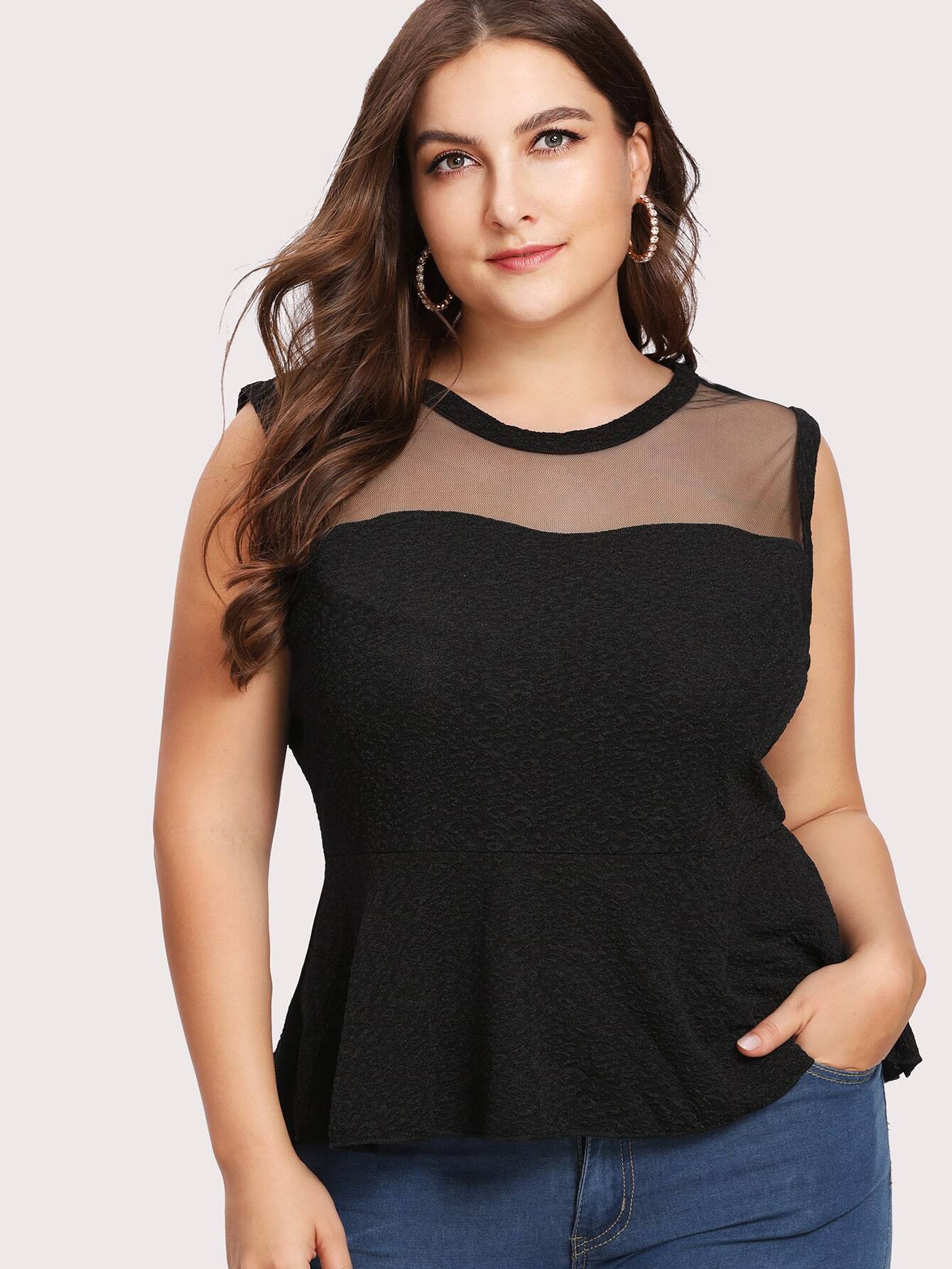Mesh Insert Jacquard Pep Hem Top mesh insert jacquard pep hem top