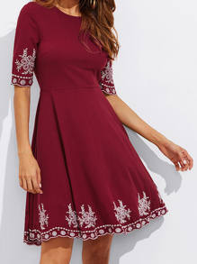 Embroidered Detail Scallop Hem Fitted & Flared Dress
