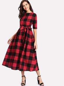 Buttoned Keyhole Self Tie Checkered Dress