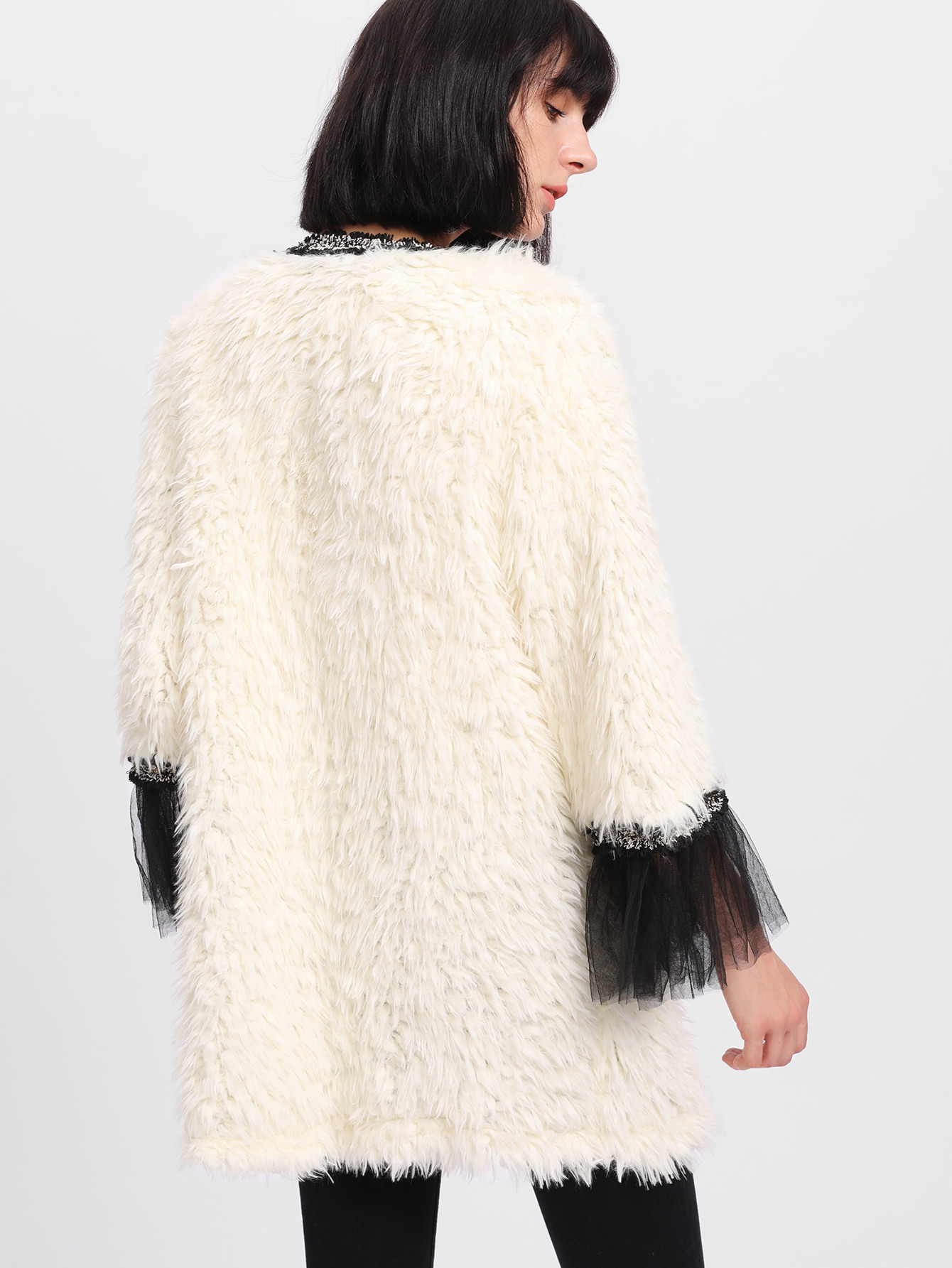 Contrast Mesh Cuff Faux Fur Coat SheIn(Sheinside)