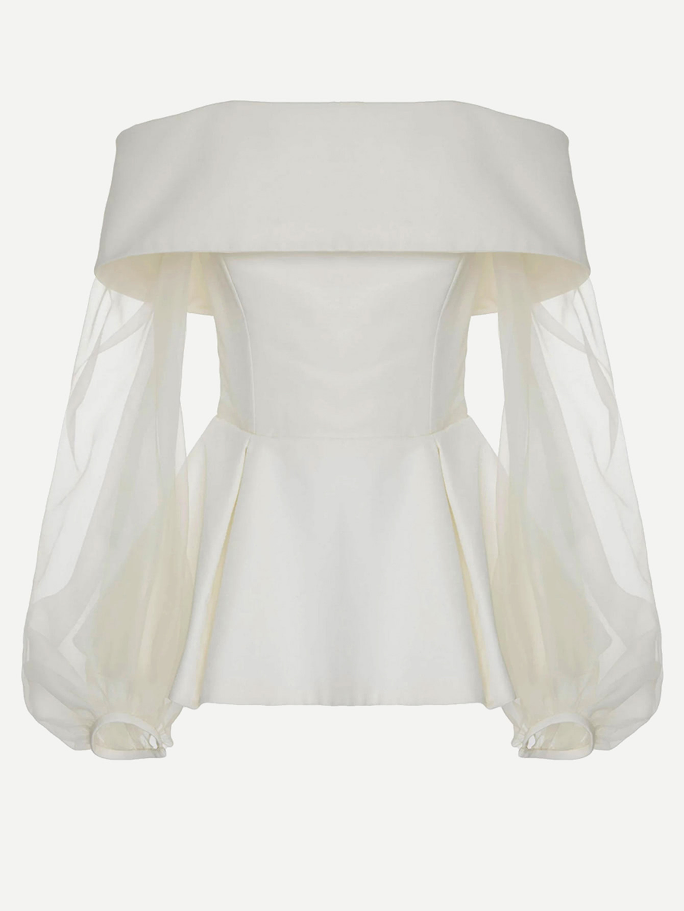 Fold Over Bardot Mesh Balloon Sleeve Pep Hem Top mesh insert jacquard pep hem top