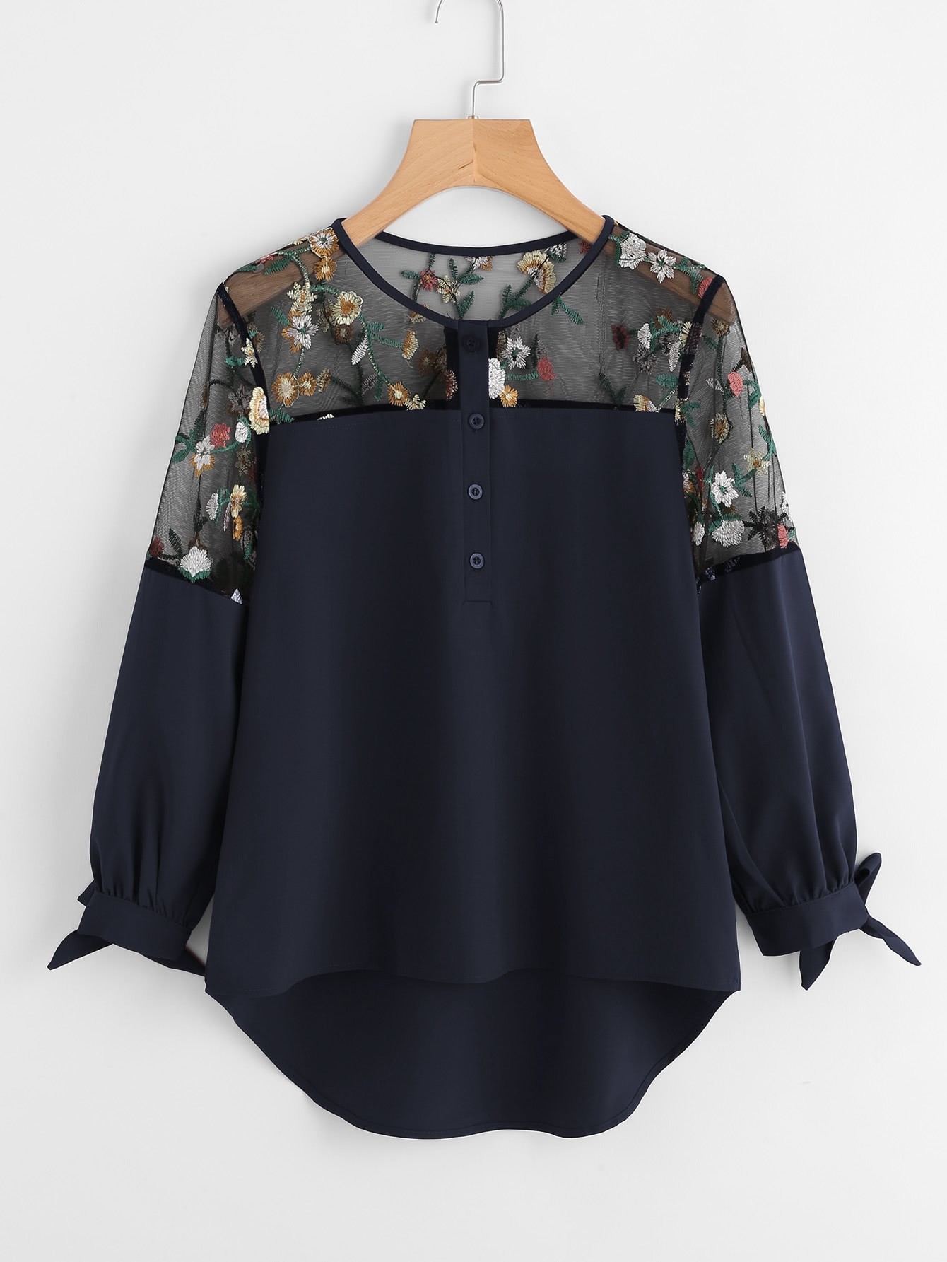Embroidered Mesh Panel Dip Hem Tie Cuff Blouse