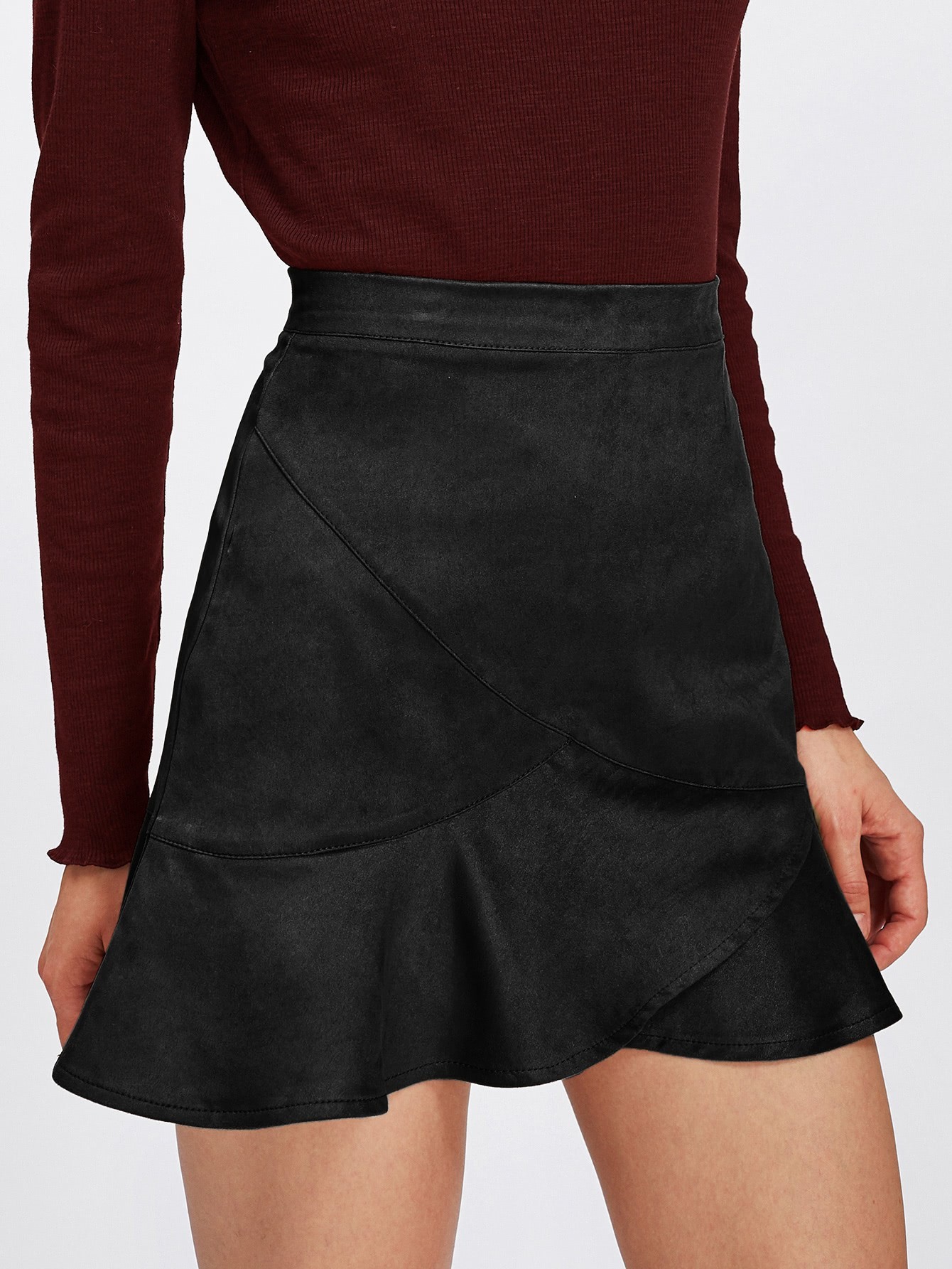 Ruffle Hem Zip Back Suede Skirt