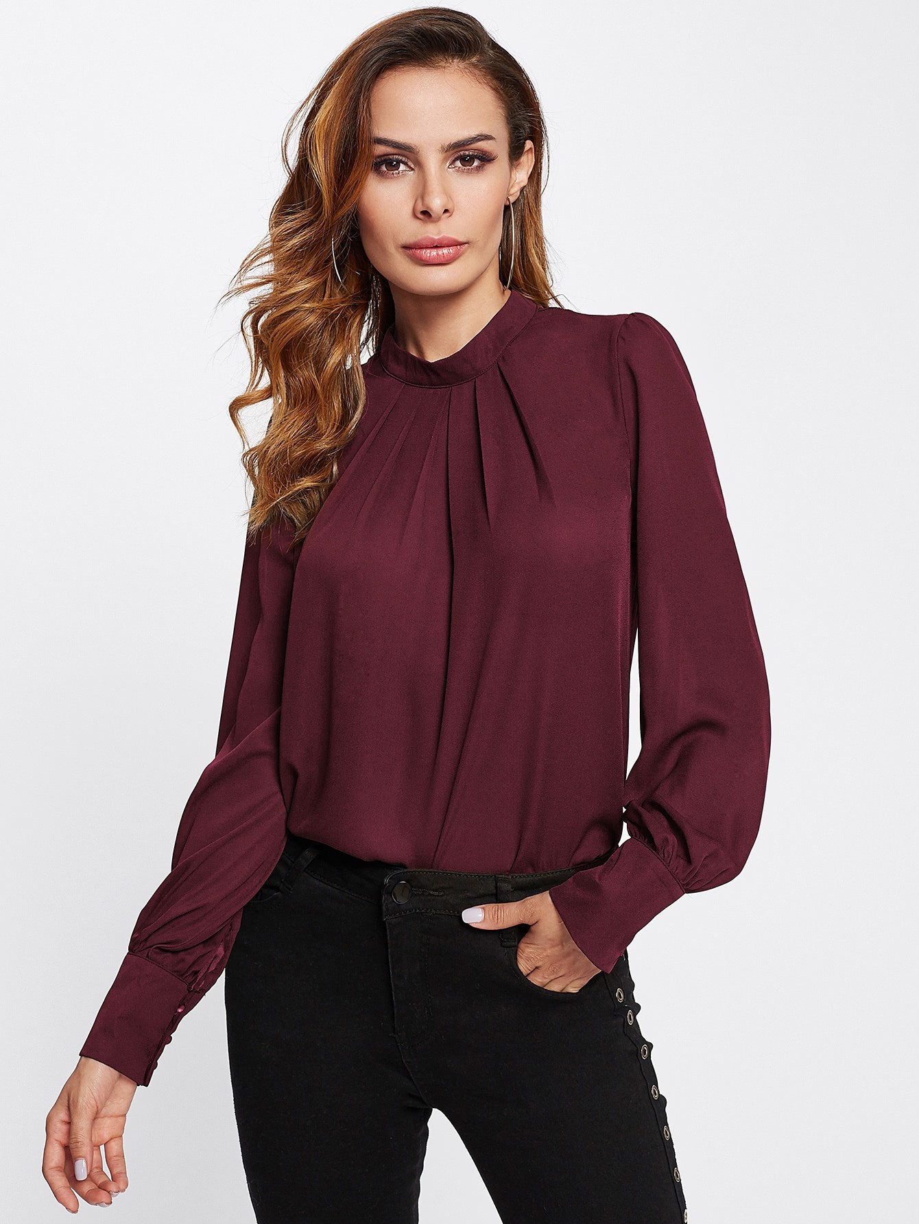Button Keyhole Back Puff Sleeve Chiffon Blouse
