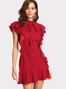 Flounce Embellished Tied Neck Dress