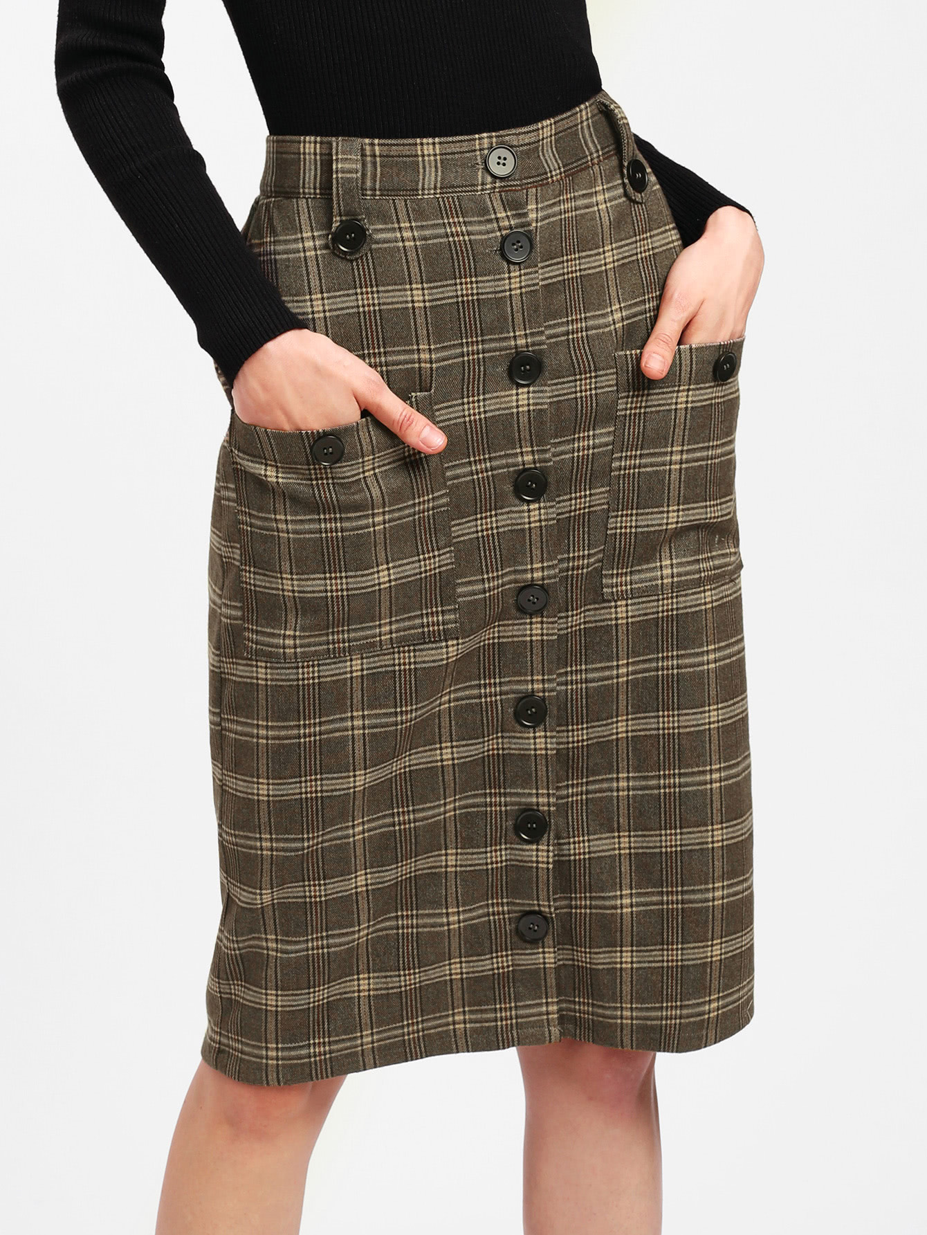 Pocket Patched Button Up Plaid Skirt EmmaClothWomen Fast Fashion Online