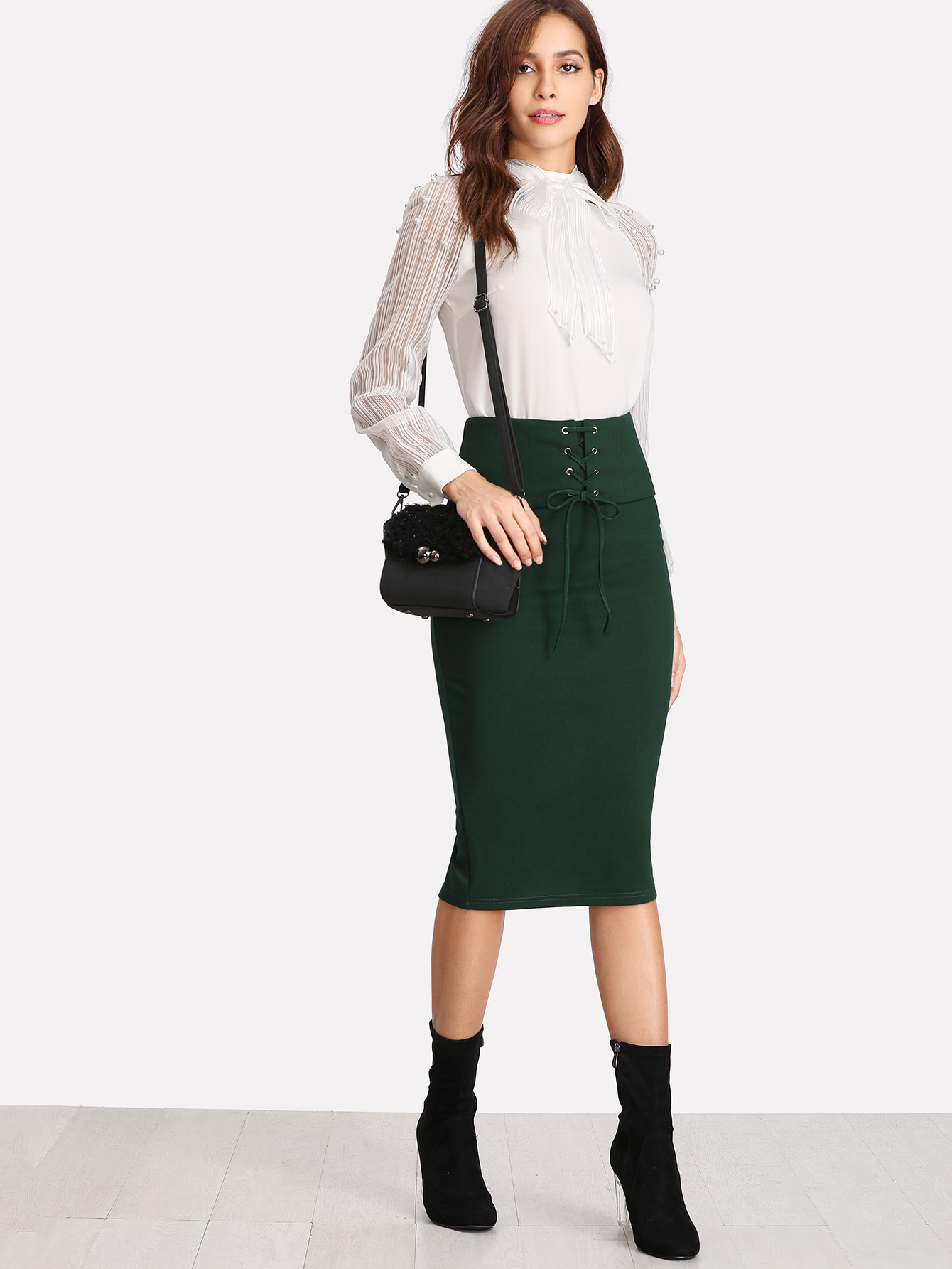 Grommet Lace Up Slit Back Pencil Skirt SheIn(Sheinside)