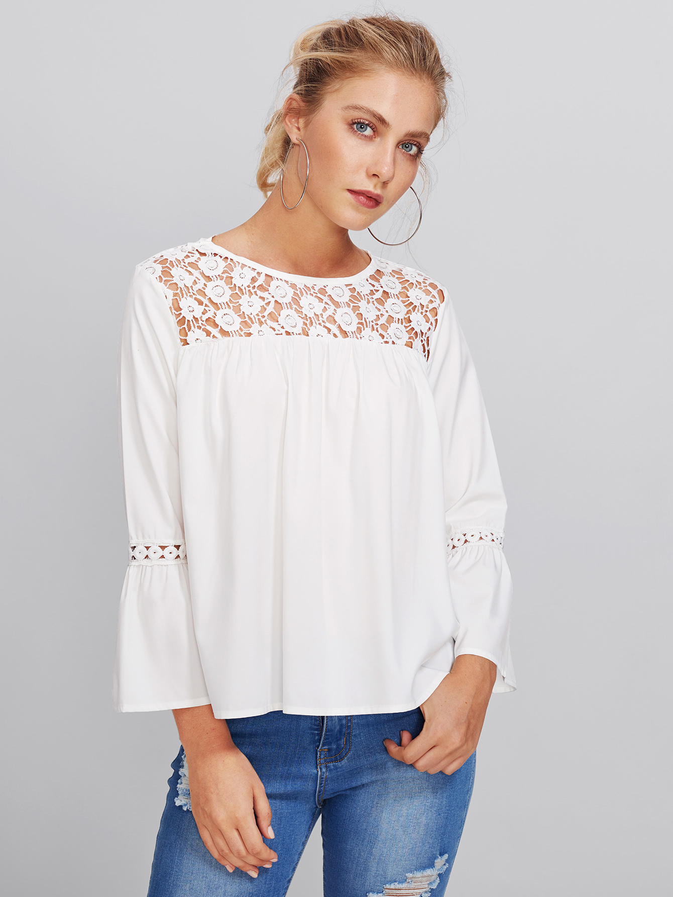 Floral Lace Yoke Cut Out Insert Sleeve Blouse SheIn(Sheinside)