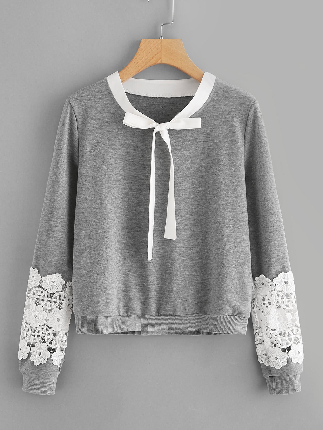 Contrast Crochet Bow Tie Neck Marled Sweatshirt