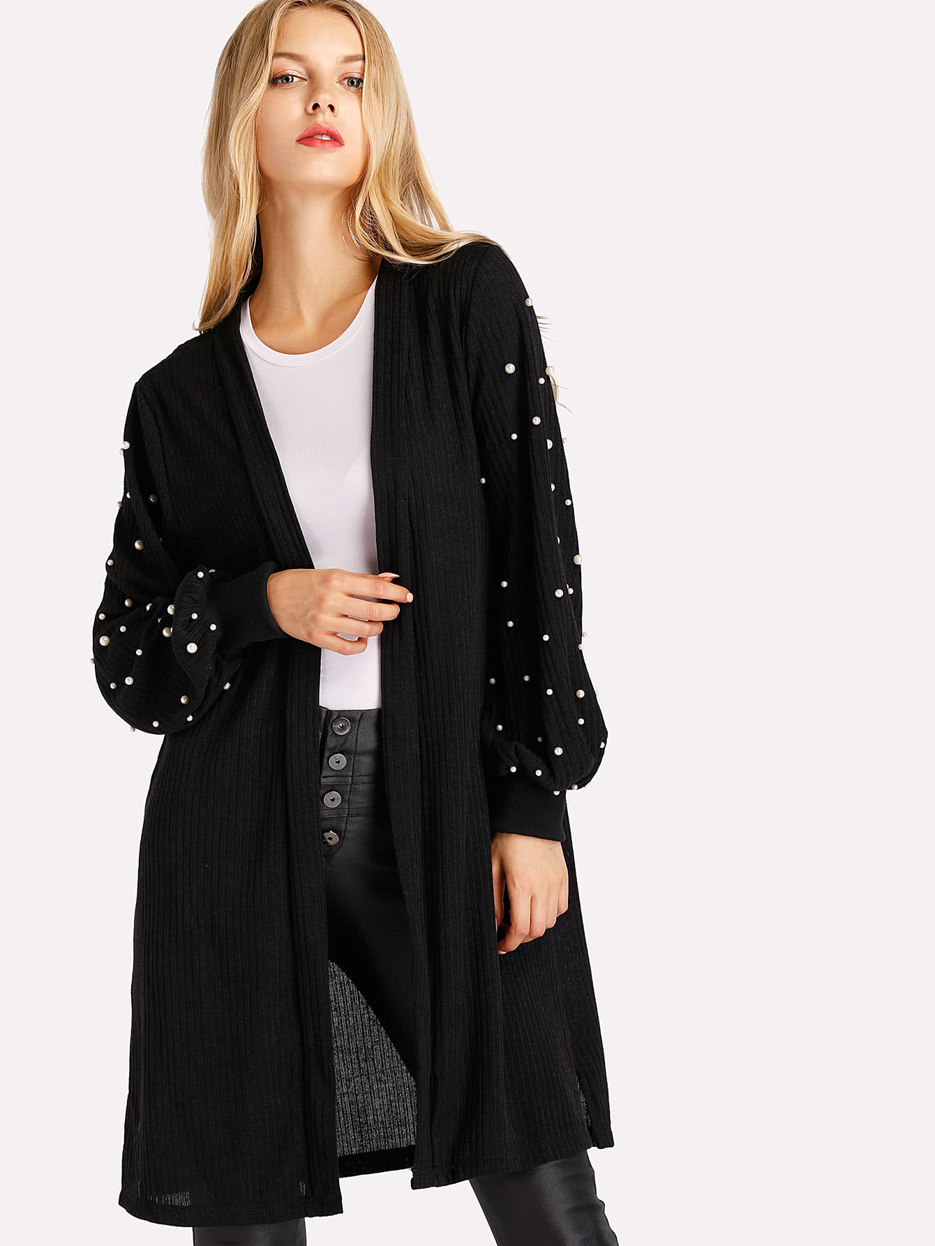 Pearl Beading Balloon Sleeve Cardigan SheIn(Sheinside)