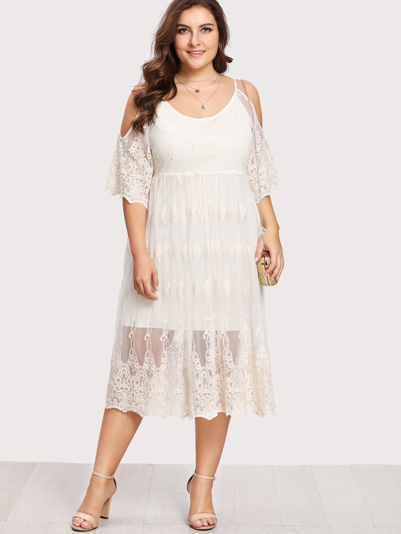 Plus Embroidery Lace Overlay Open Shoulder Dress