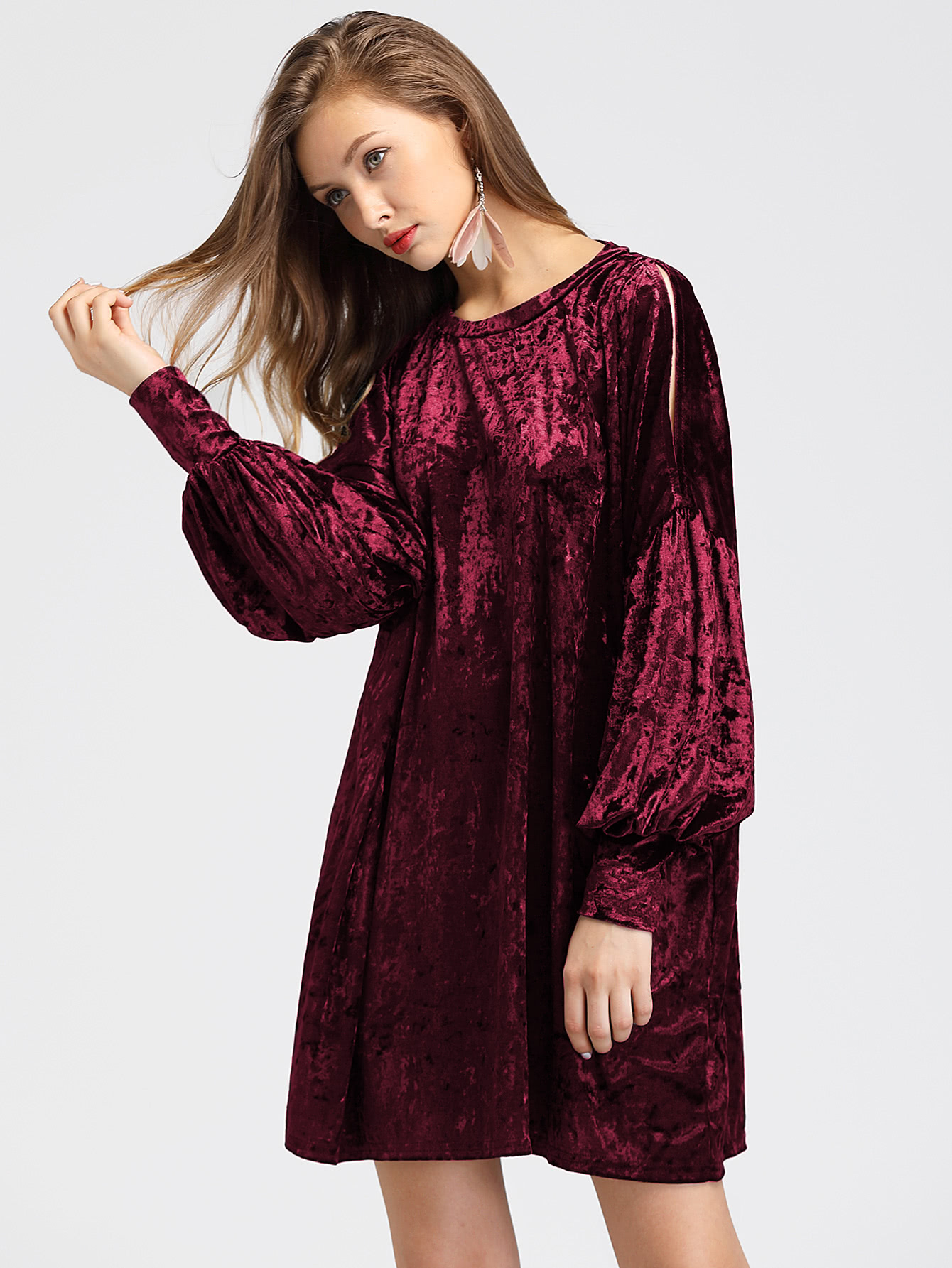 Crushed Velvet Split Shoulder Lantern Sleeve Dress