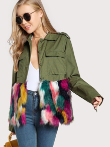 Colorful Faux Fur Trim Utility Jacket