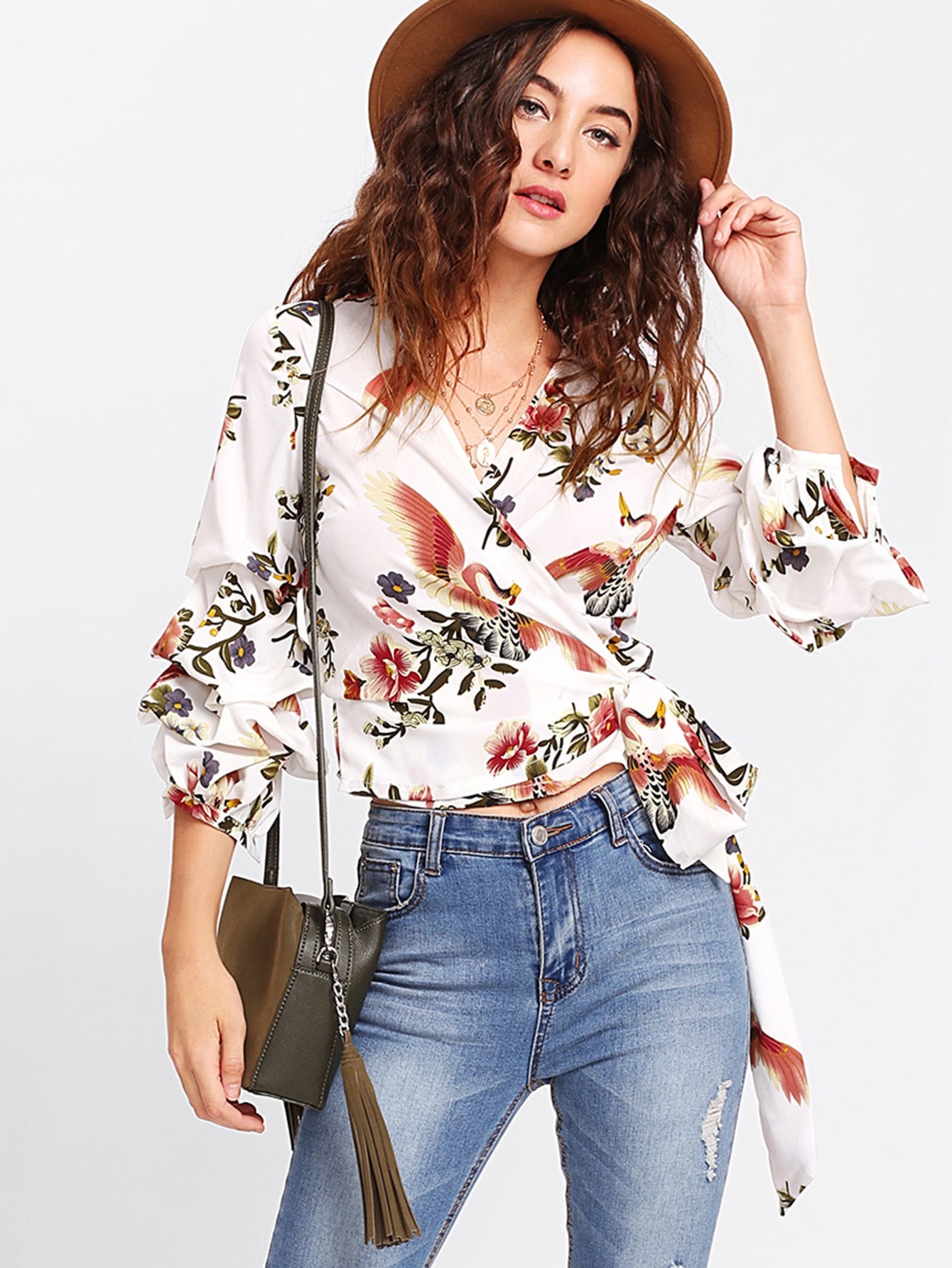 Gathered Sleeve Overlap Wrap Top gathered sleeve surplice wrap crop top