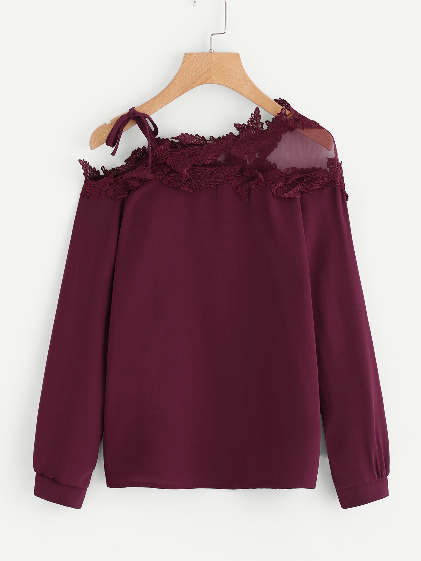 Mesh Panel Crochet Appliques Asymmetric Cold Shoulder Blouse