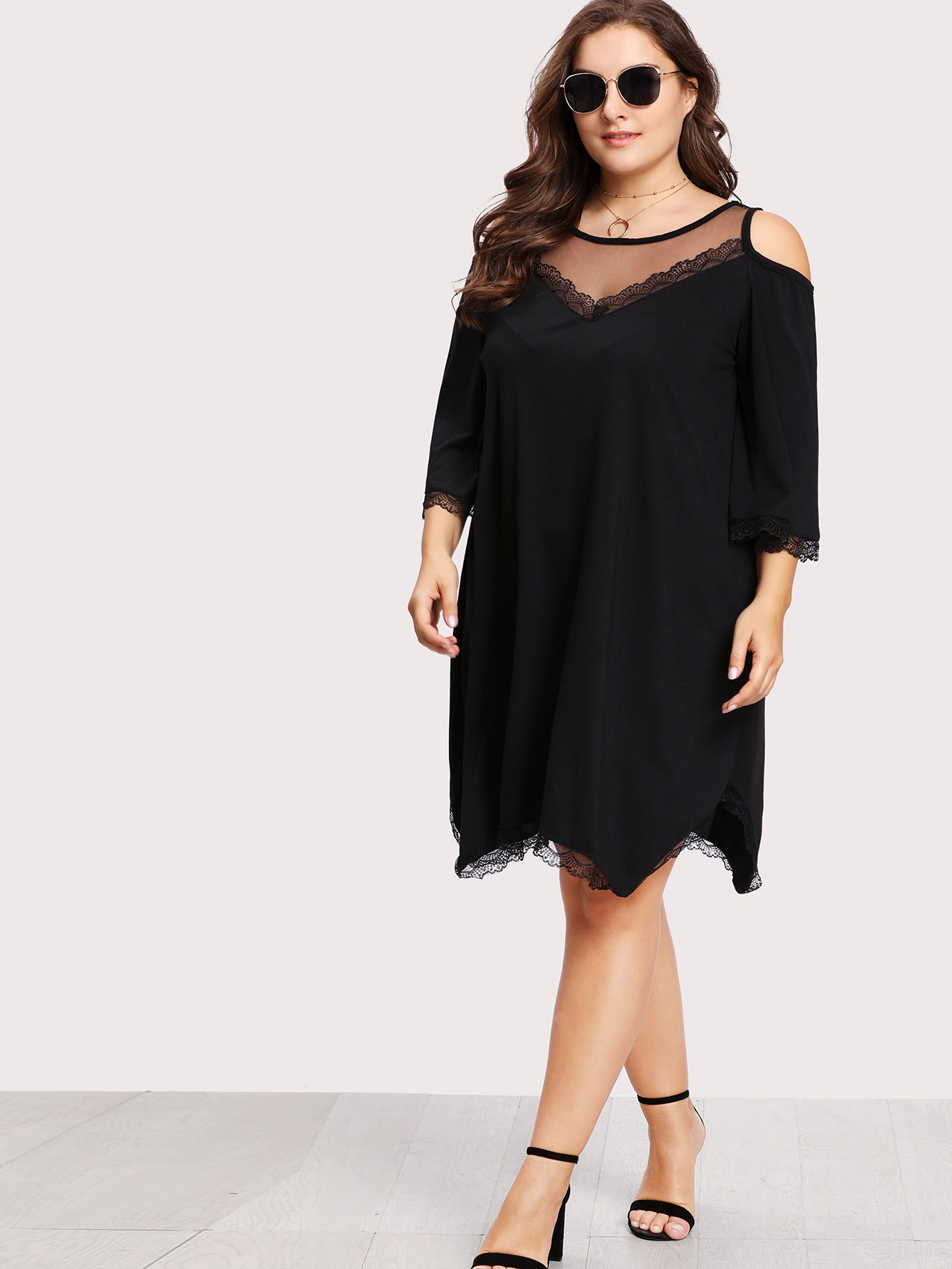 Plus Mesh Insert Lace Trim Open Shoulder Dress