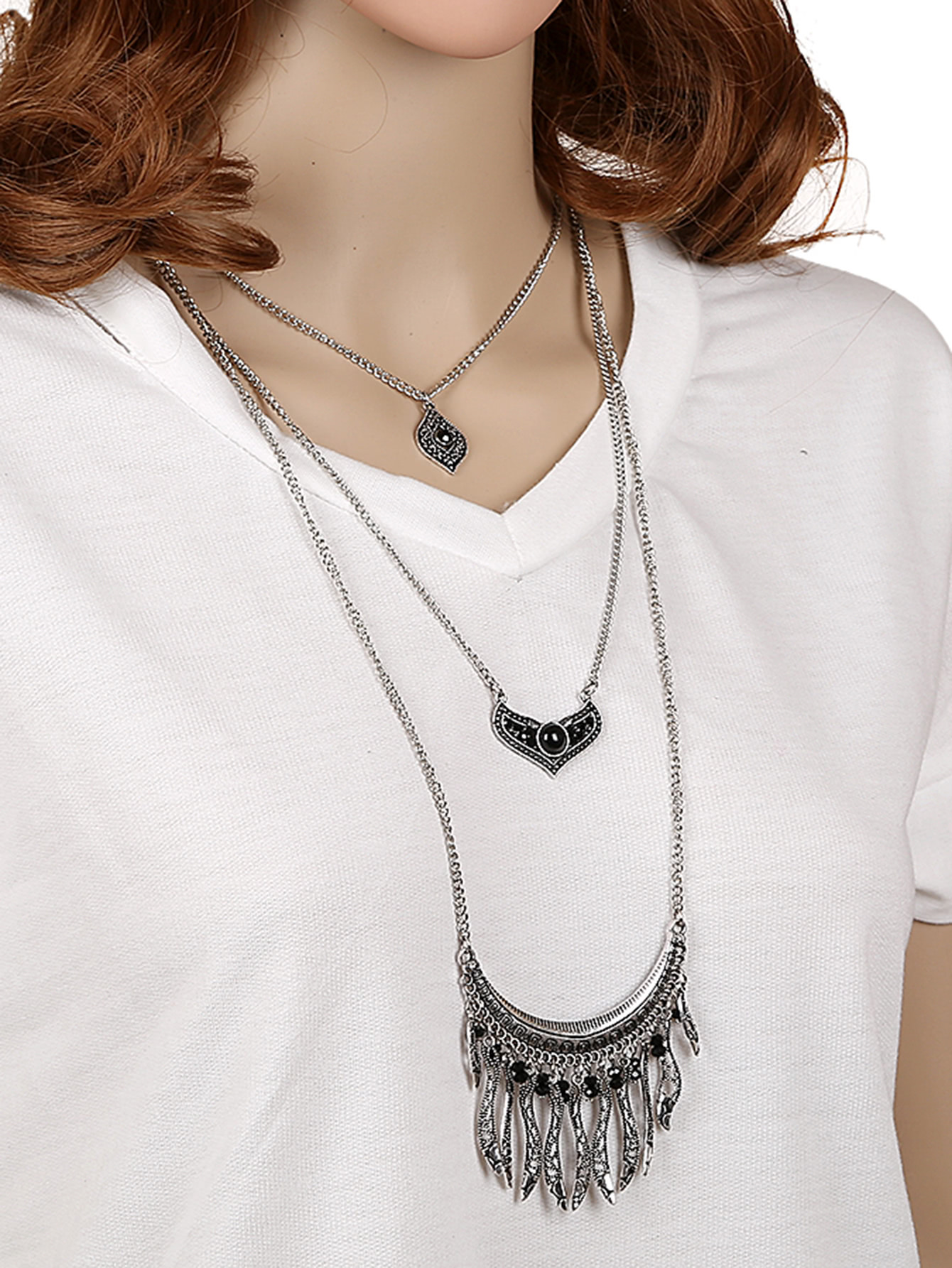 Turquoise Detail Fringe Pendant Layered Necklace