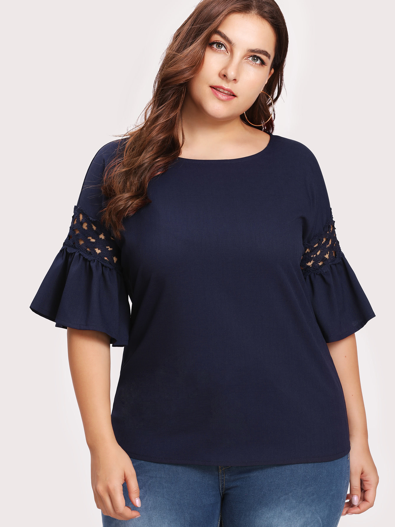 Plus Hollow Out Crochet Panel Flounce Sleeve Blouse