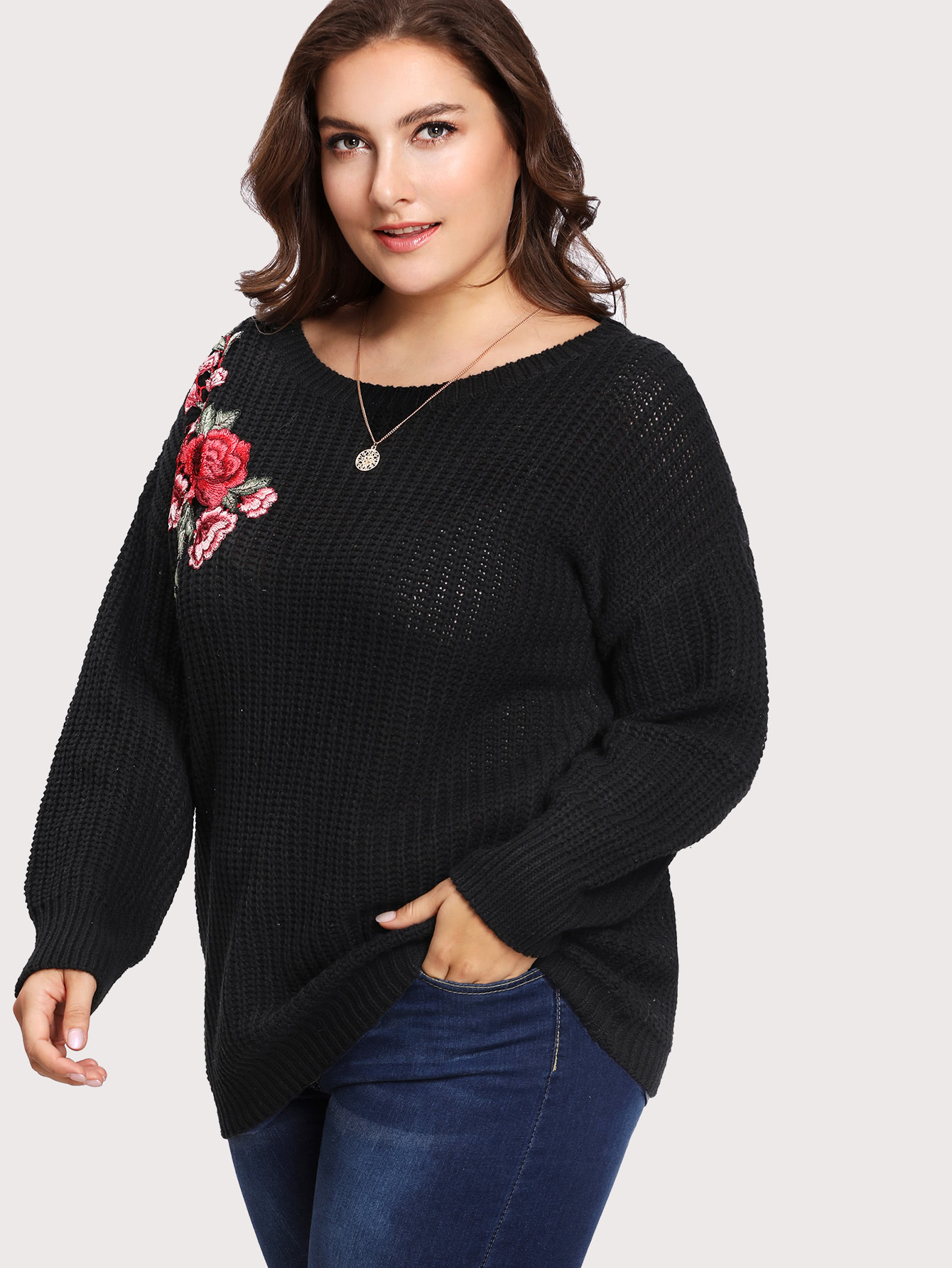 Plus Embroidery Applique Drop Shoulder Jumper