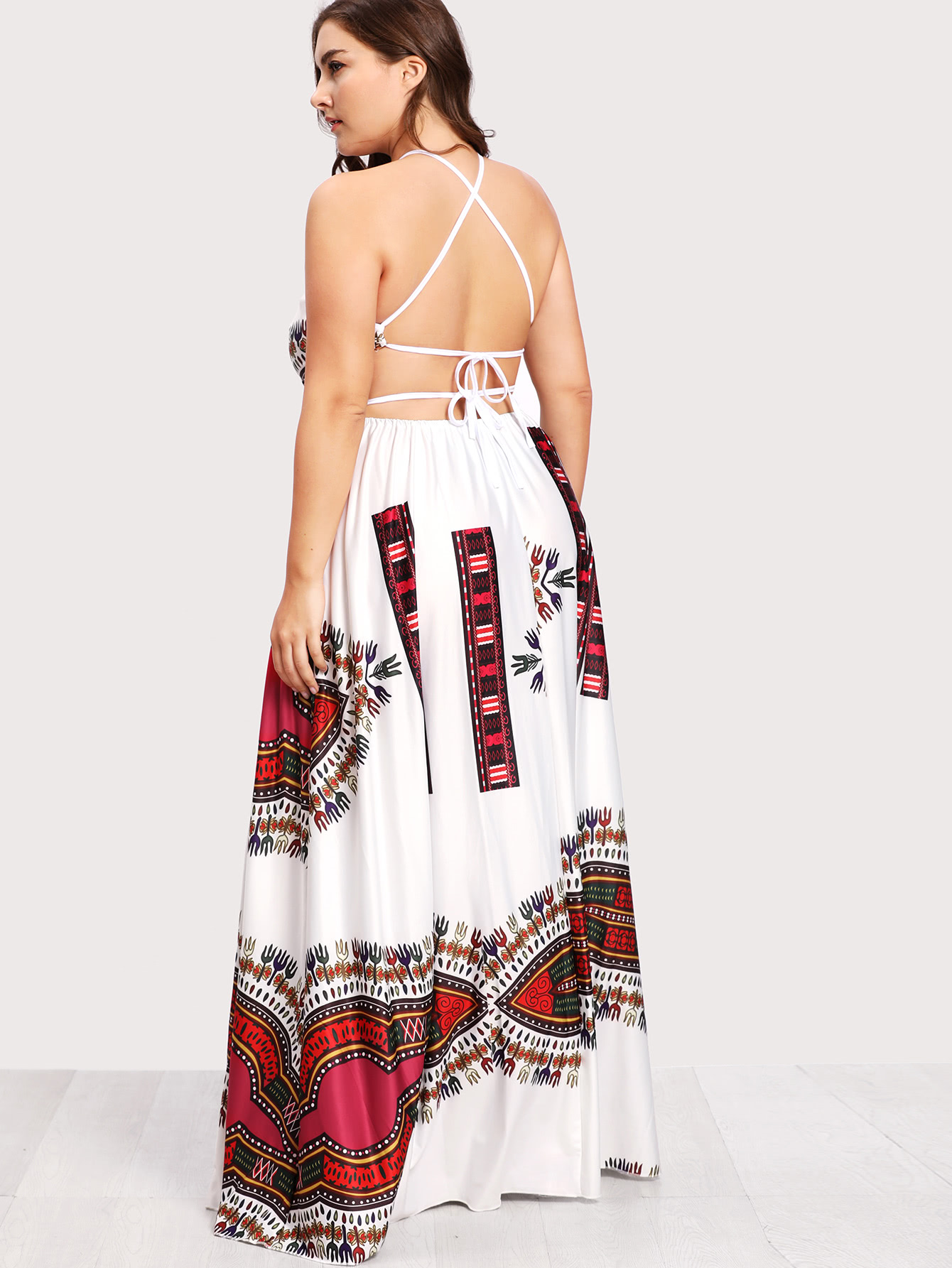 Plus Ornate Print Lace Up Backless Dress SheIn(Sheinside)