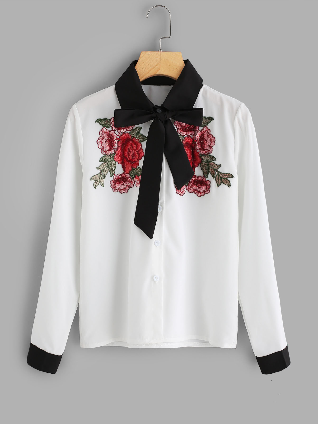 Contrast Trim Tie Neck Embroidered Applique Shirt