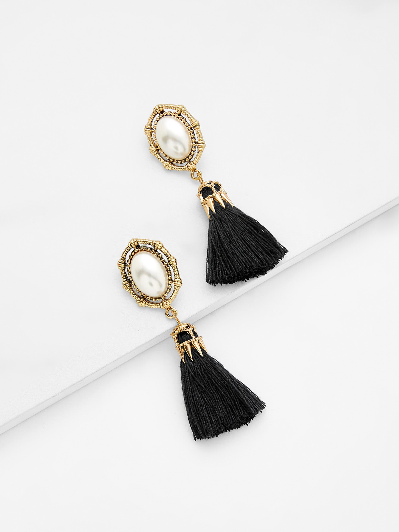 Faux Pearl Top Tassel Drop Earrings SheIn(Sheinside)