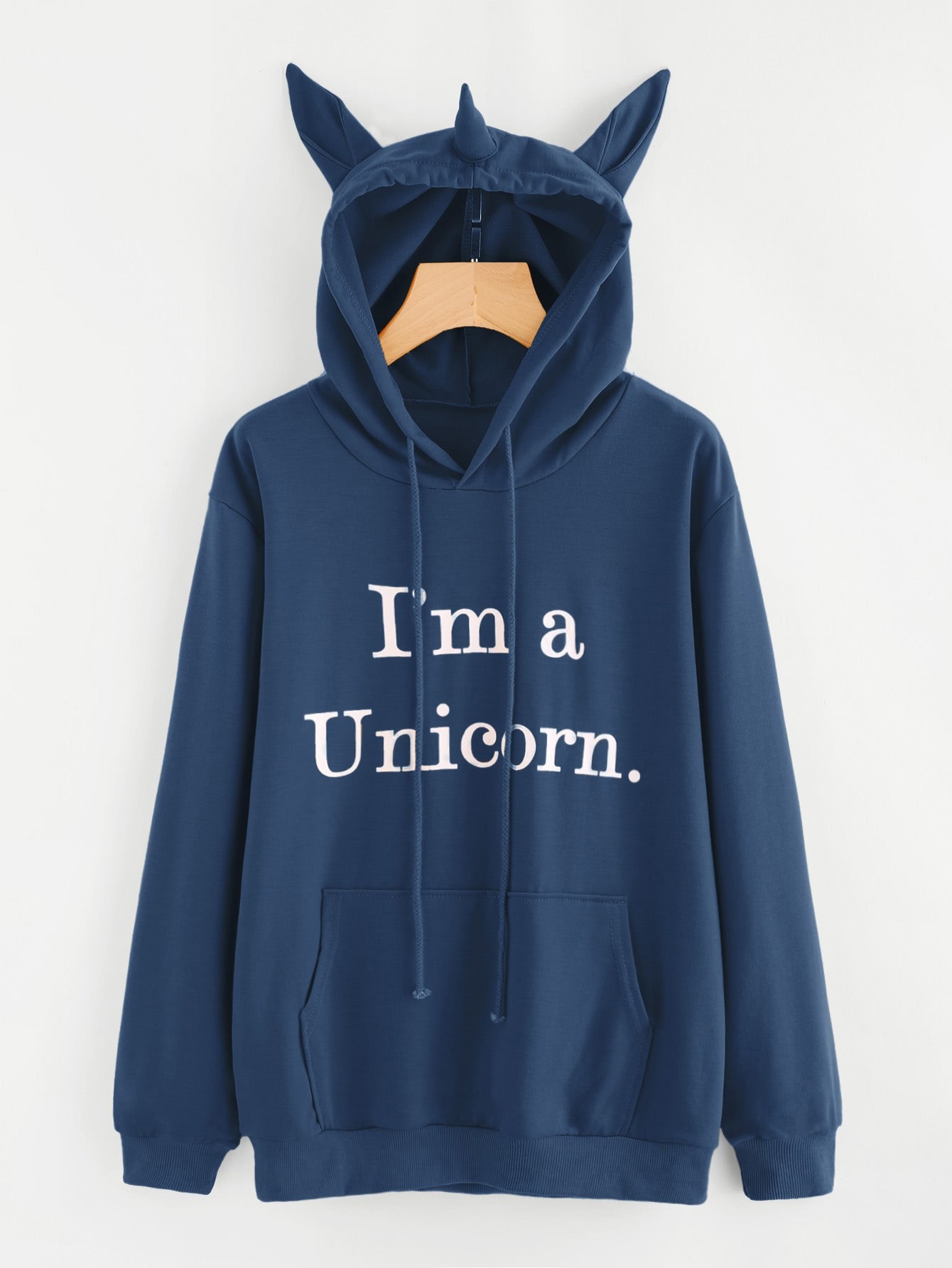 Slogan Print Unicorn Ear Hoodie With Kangaroo Pocket