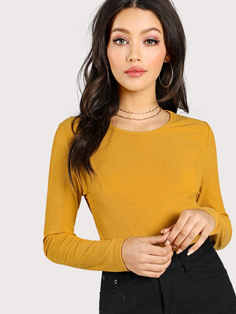 Rib Long Neck Knit Fitted Sleeve T shirtRound Sleeve Cv4nCZr