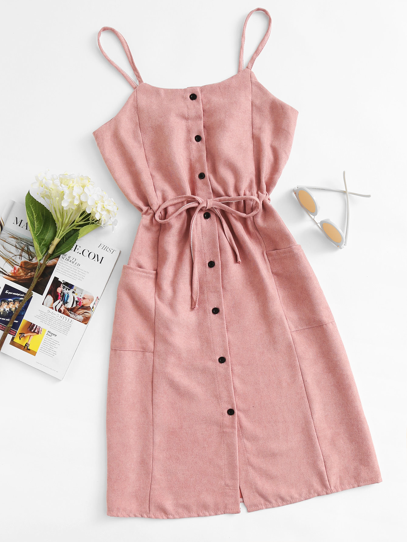 Single Breasted Drawstring Waist Pocket Side Dress