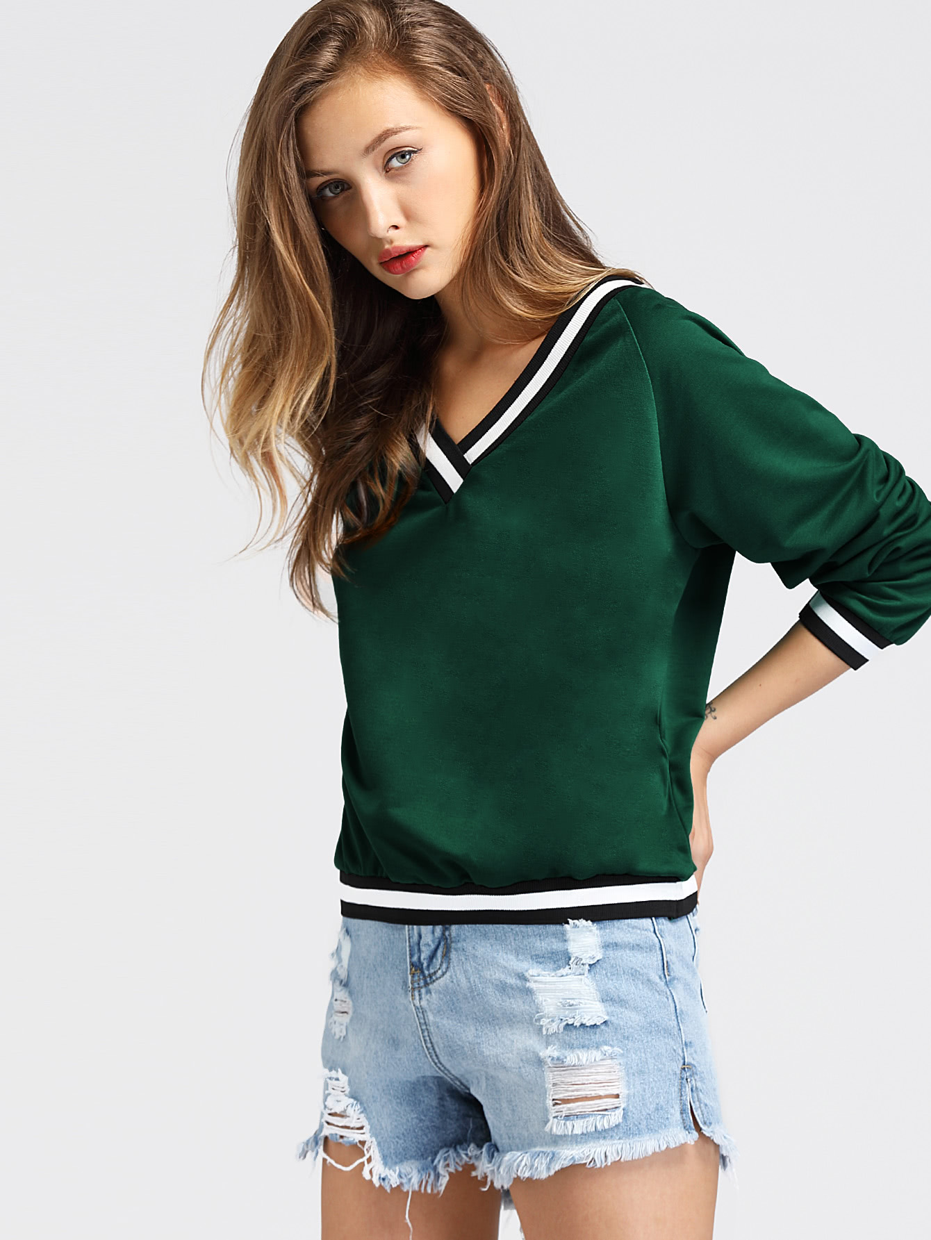 striped trim v neck sweater