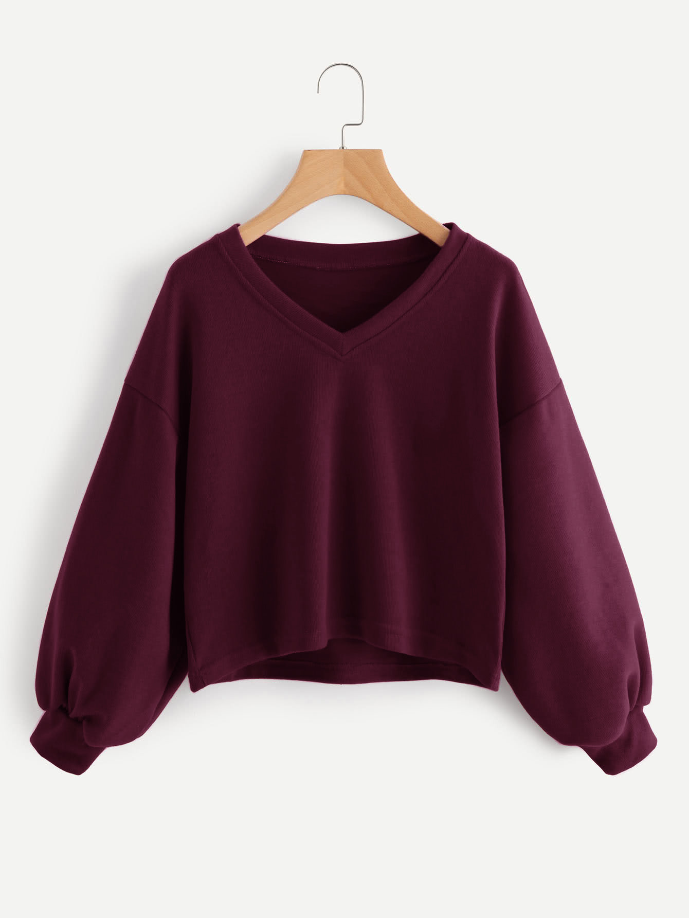 V Neckline Drop Shoulder Lantern Sleeve Sweatshirt
