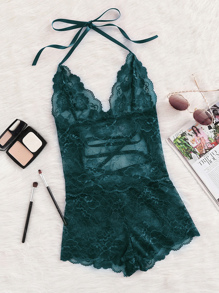 Tie Up Back Halter Neck Lace Sleep Romper