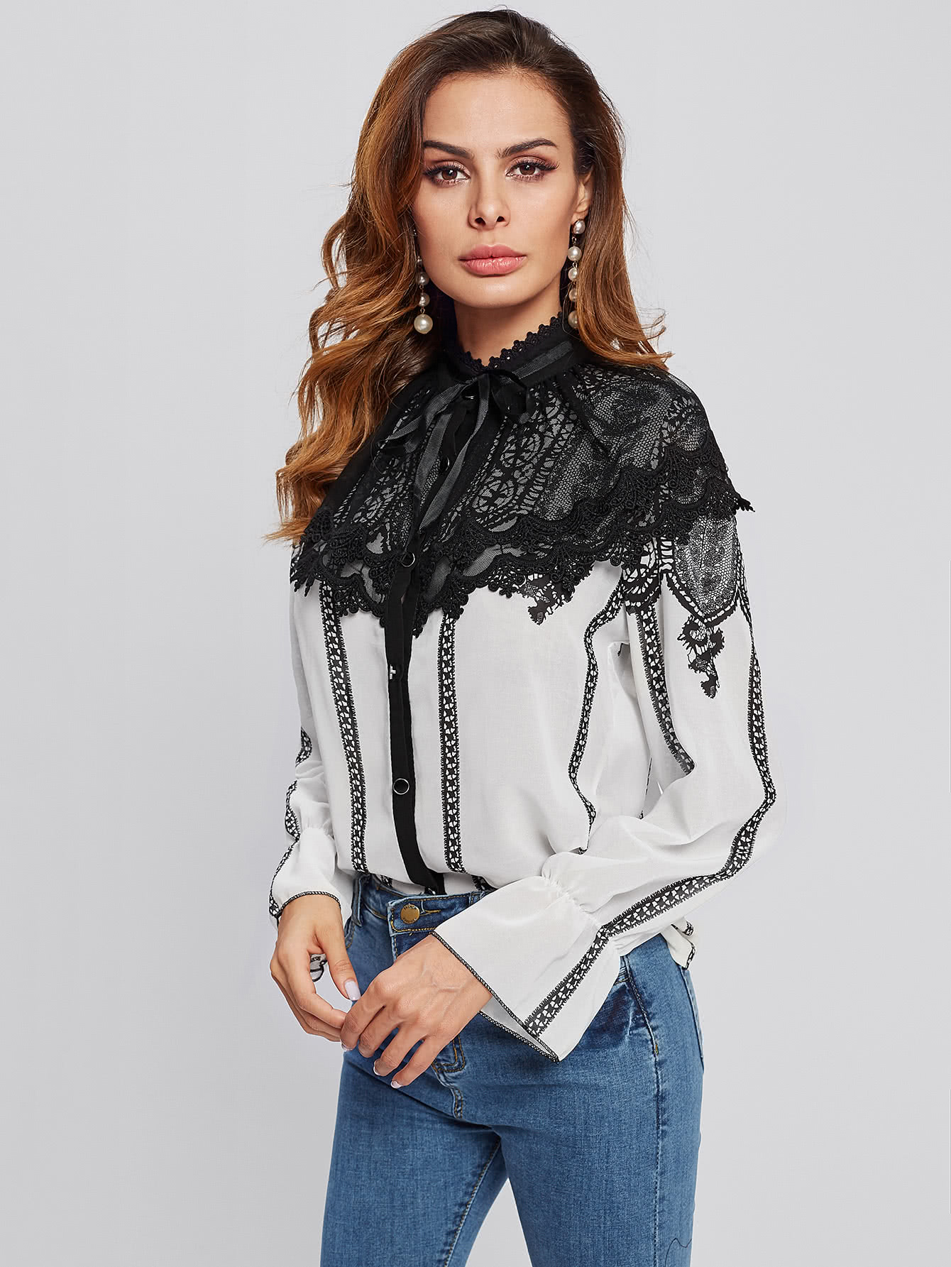 Lace Contrast Bow Tie Neck Blouse SheIn(Sheinside)
