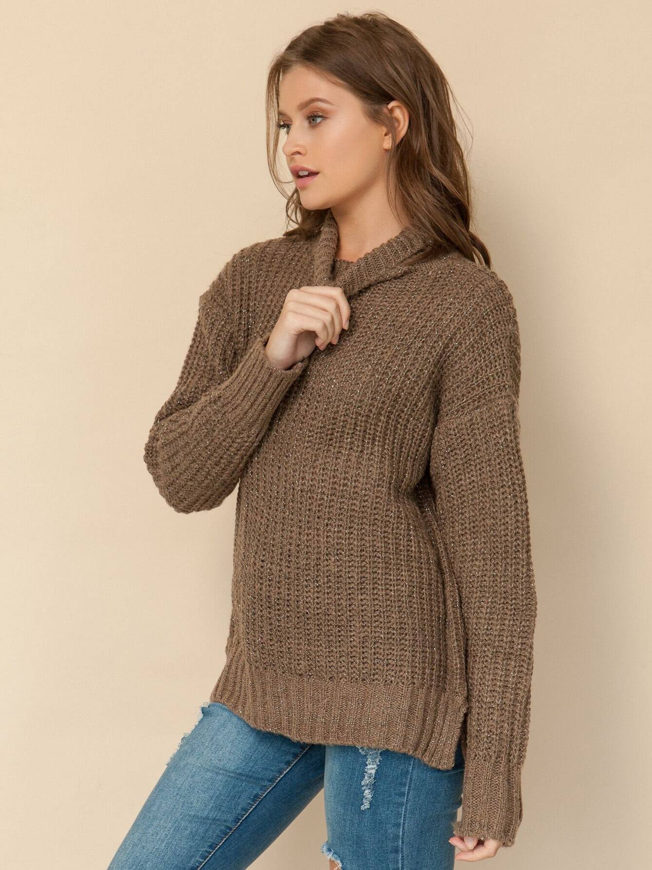 Mock Neck Drop Shoulder Dip Hem Sweater SheIn(Sheinside)