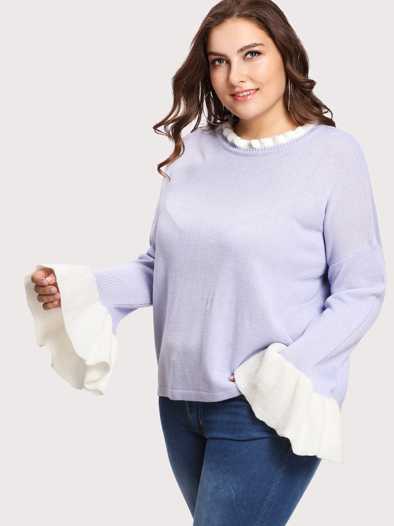 Plus Contrast Ruffle Cuff Drop Shoulder Jumper
