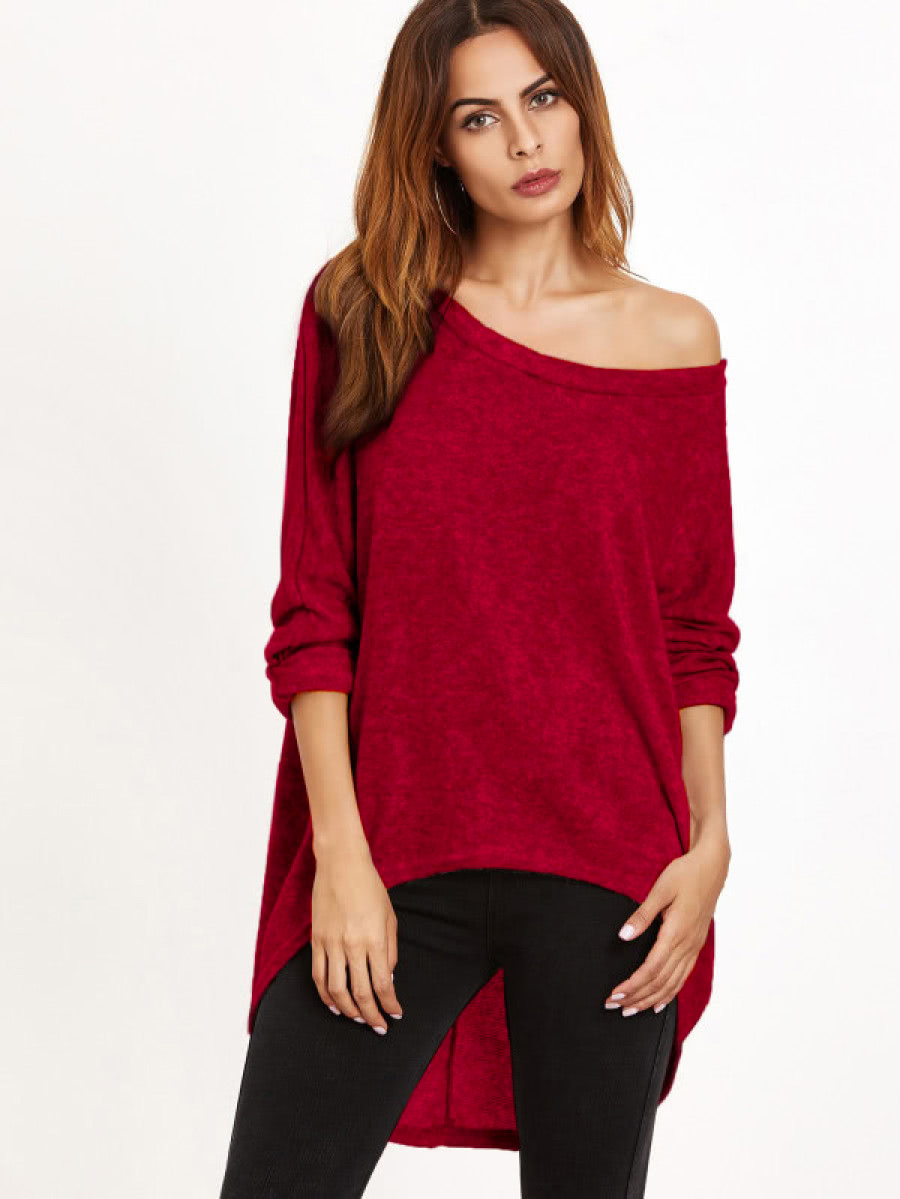 Burgundy One Shoulder Dip Hem T-shirt