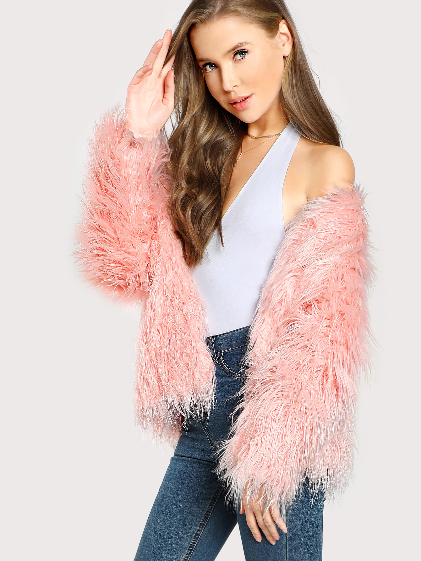Faux Fur Open Front Fluffy Coat SheIn(Sheinside)
