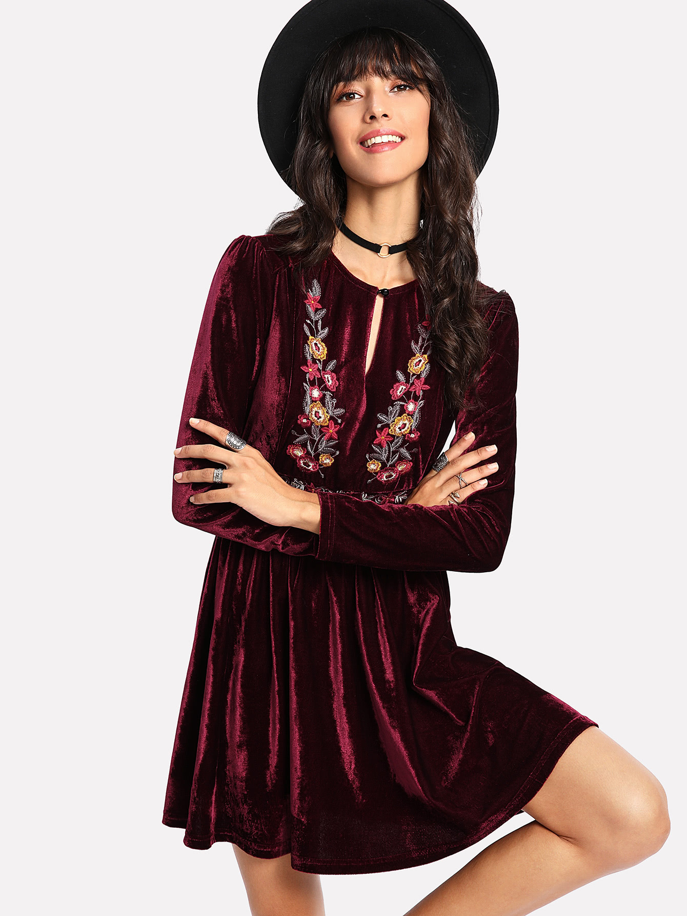 Buttoned Keyhole Front Embroidered Velvet Dress SheIn(Sheinside)