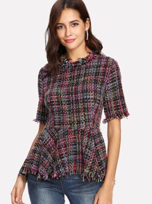 Fringe Trim Peplum Tweed Top