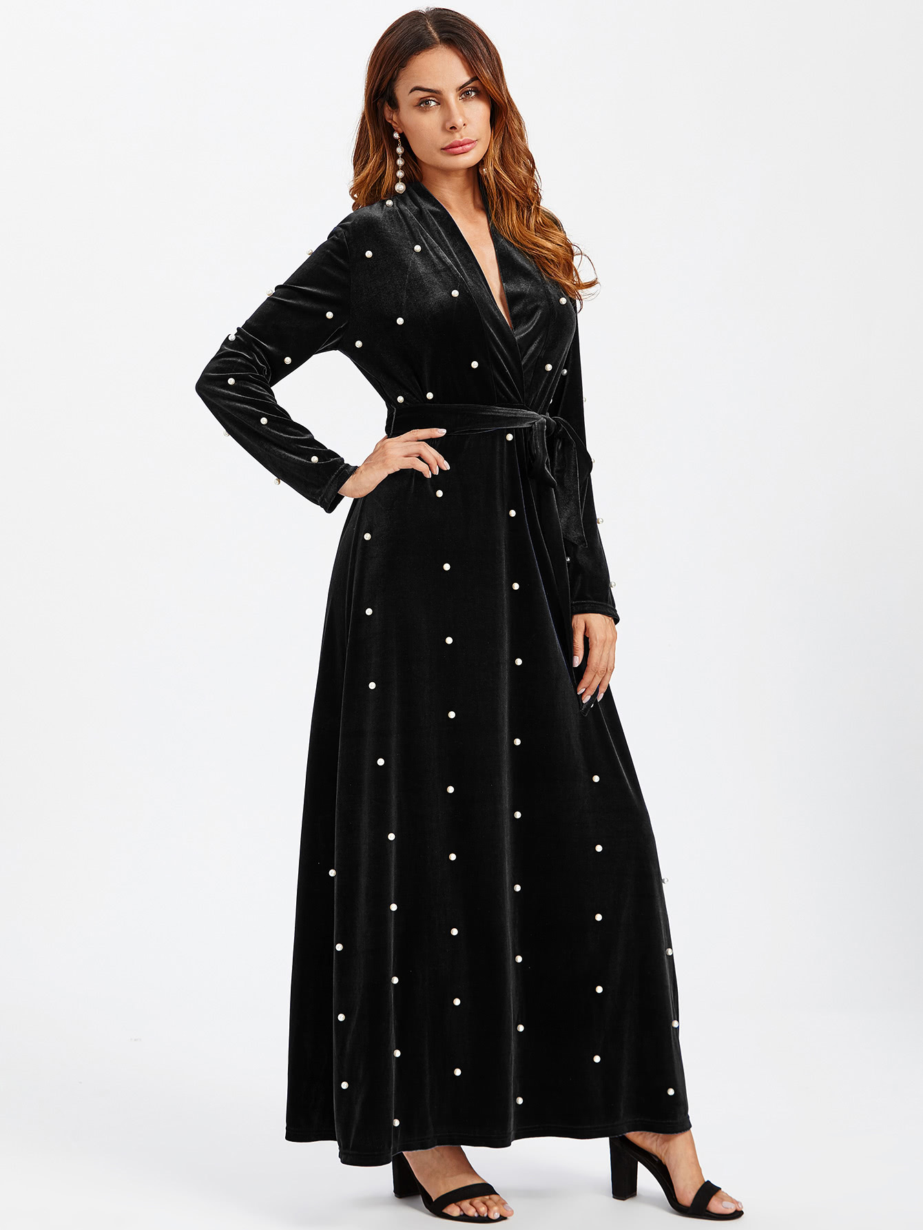 Pearl Beaded Surplice Wrap Plunging Velvet Dress