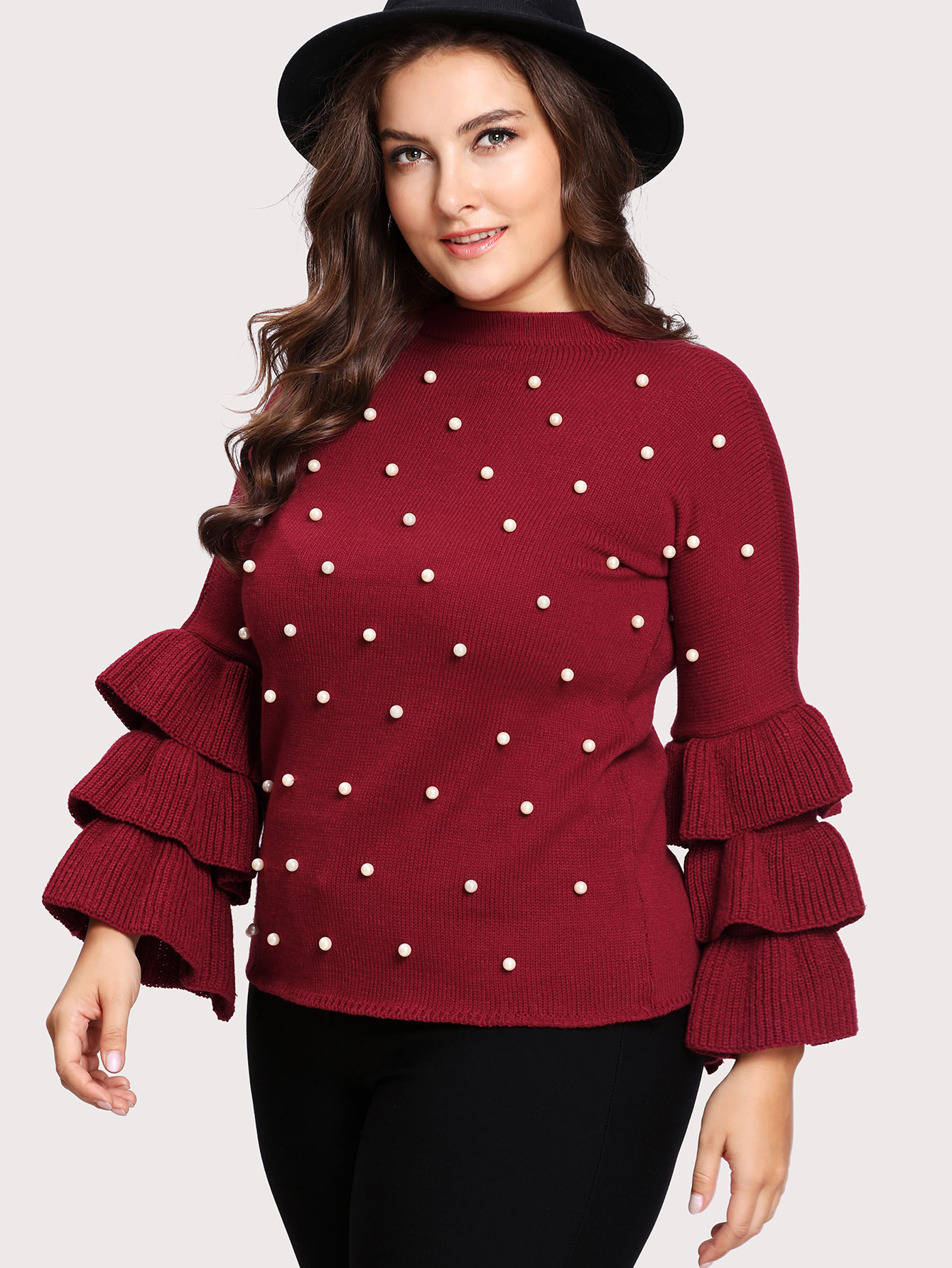 Plus Tiered Ruffle Sleeve Pearl Embellished Jumper